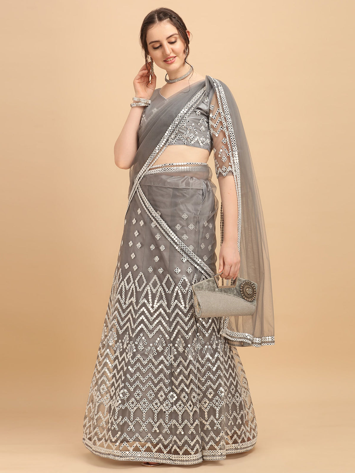 Unique Grey Color Embroidery Silk Lehenga Choli
