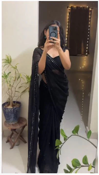 Black Color Sequence Work With Border Saree