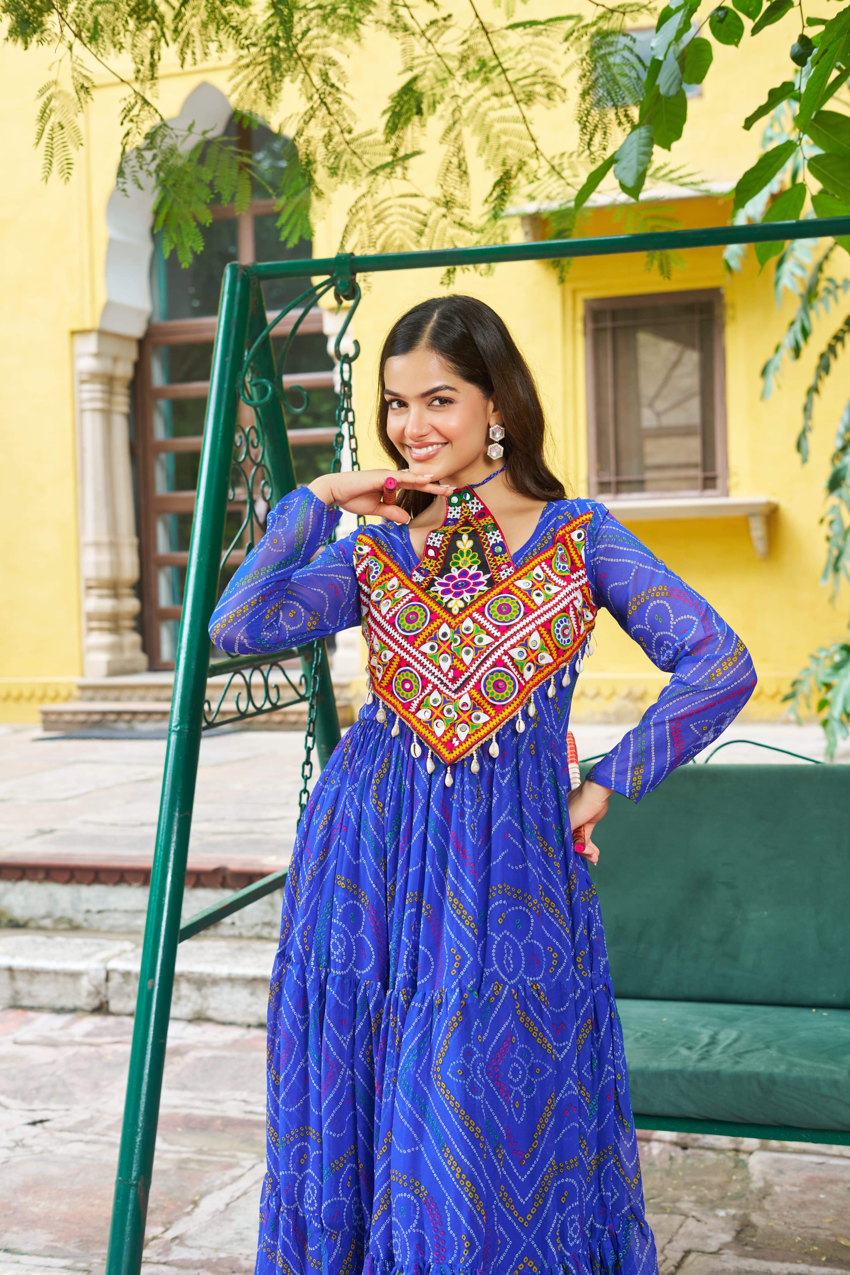 Pretty Pink Georgette Kutchi Work Gown For Navratri