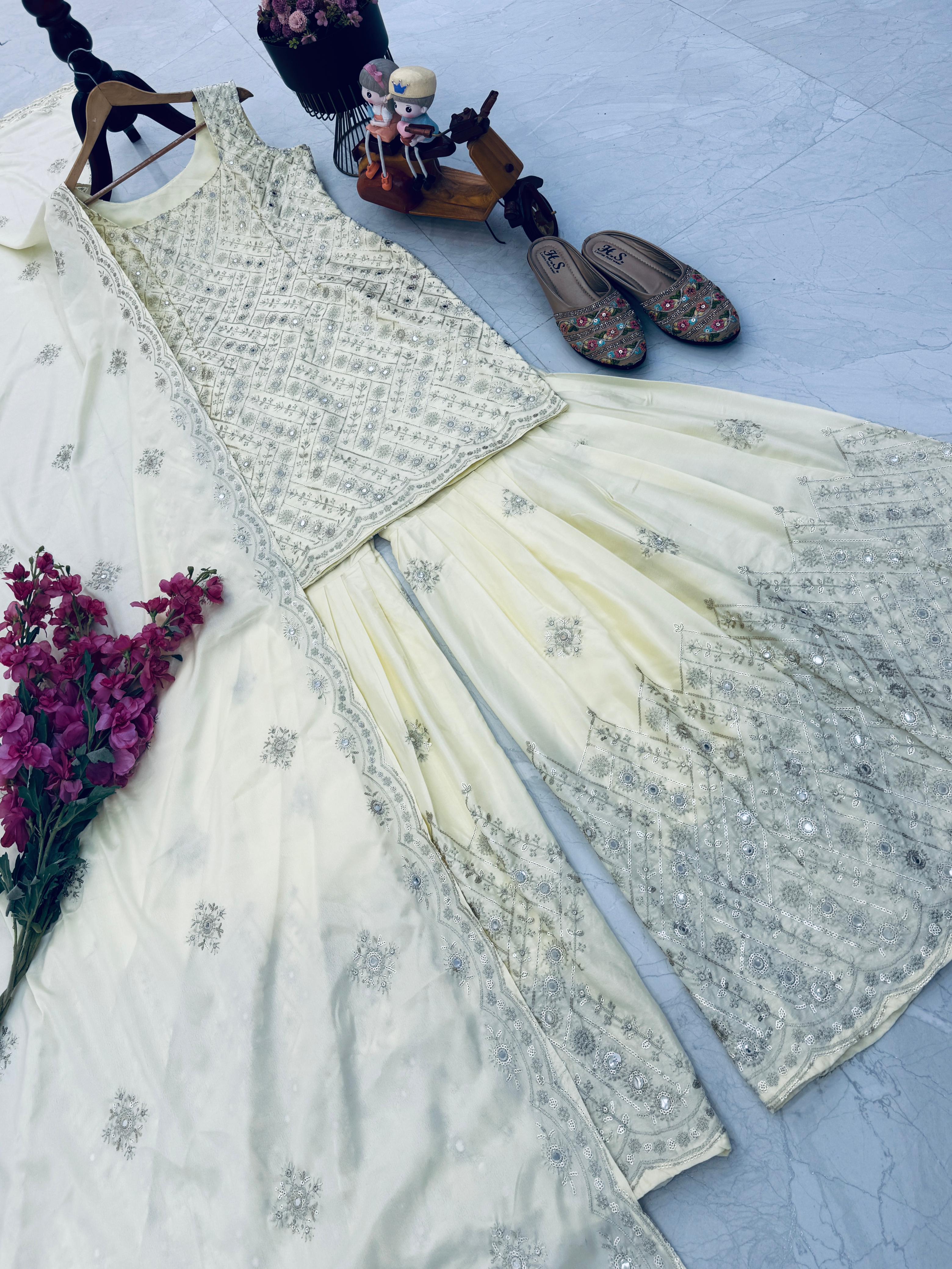 Ravishing Yellow Natural Crap Embroidery Sequence Palazzo Suit