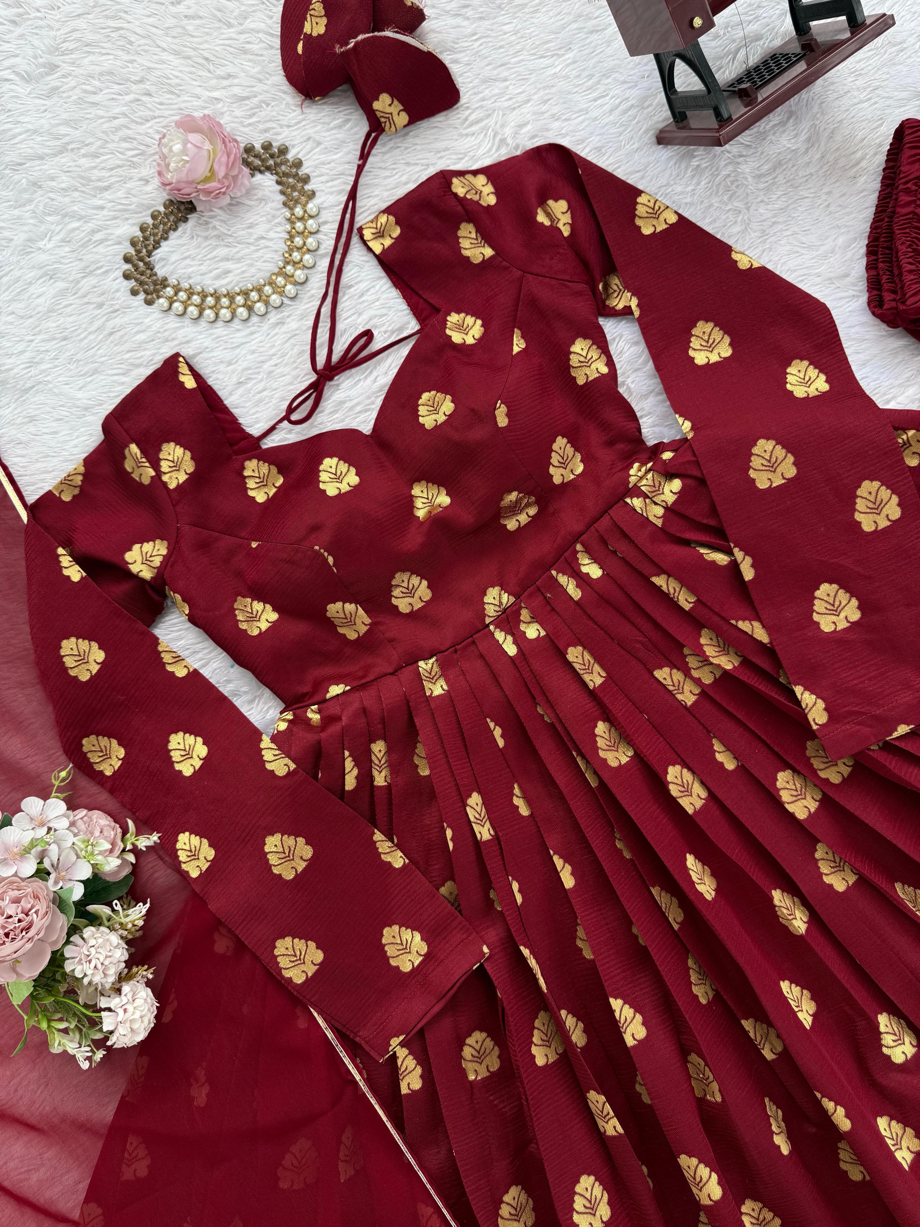 Lovely Maroon Jacquard Weaving Anarkali Suit