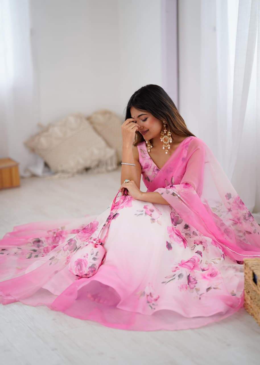 Fancy Pink Color Organza Digital Printed Lehenga Choli