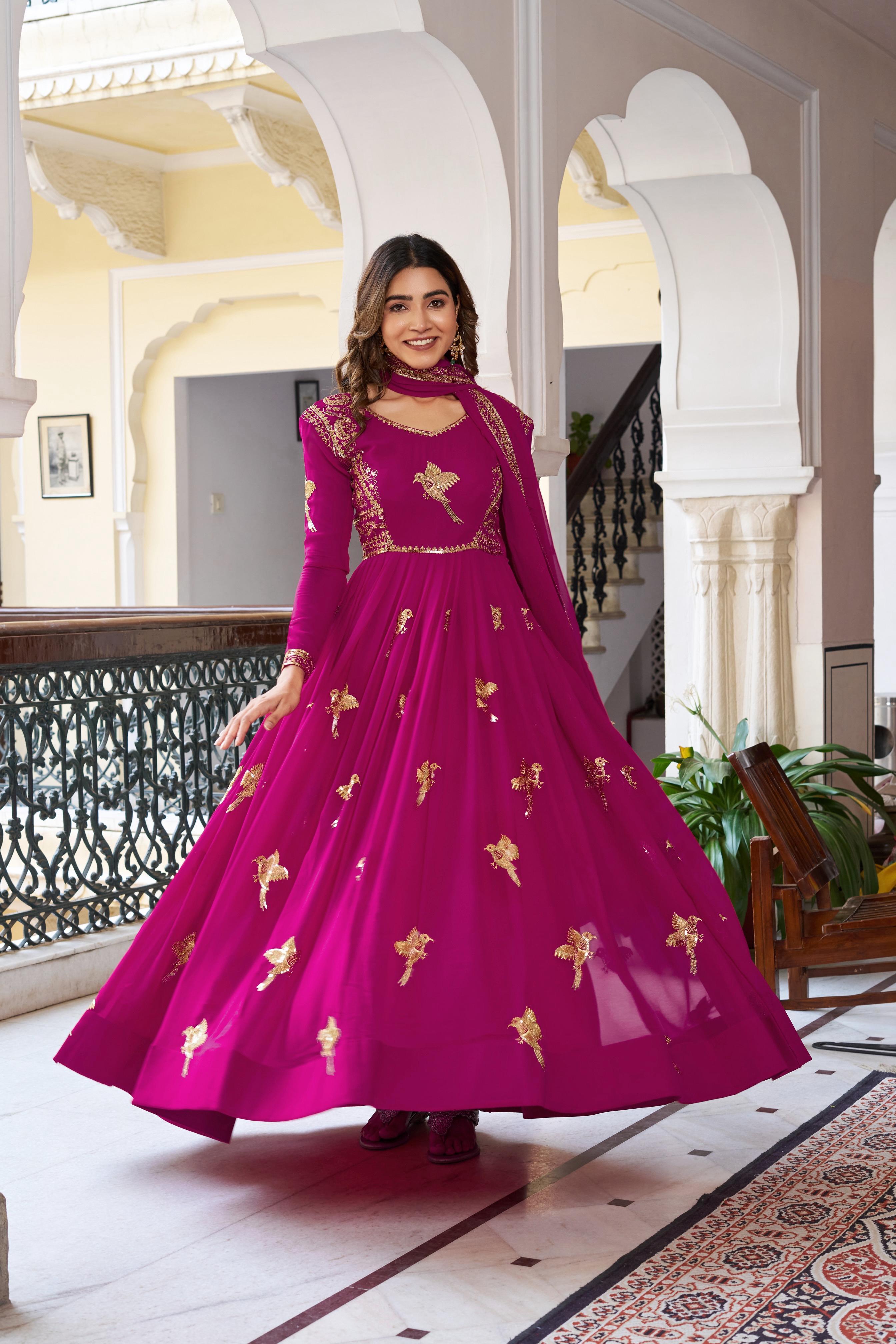 Glorious Pink Georgette Thread Work Gown