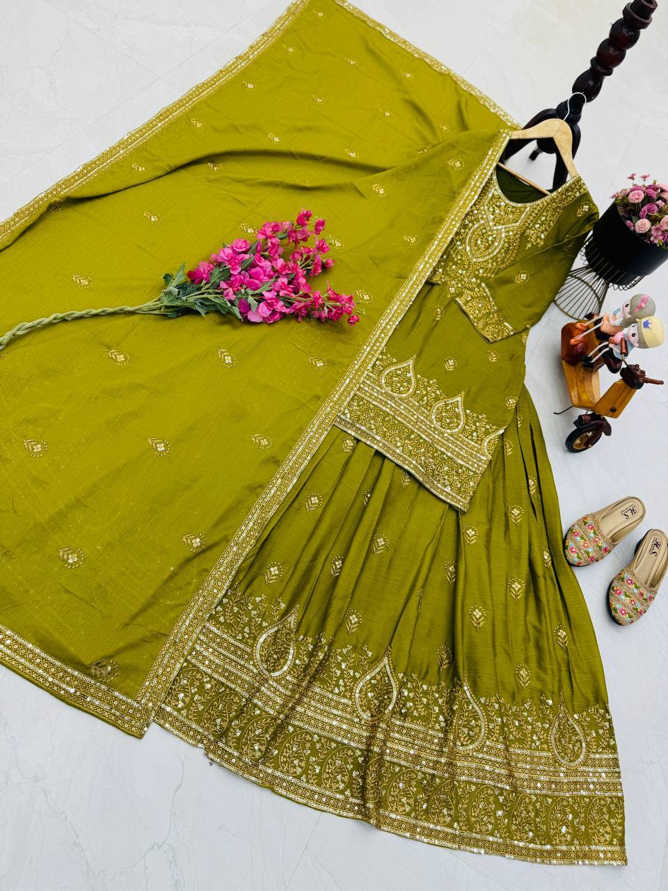 Pretty Mustard Chinon Silk Embroidery Sequence Work Top With Lehenga