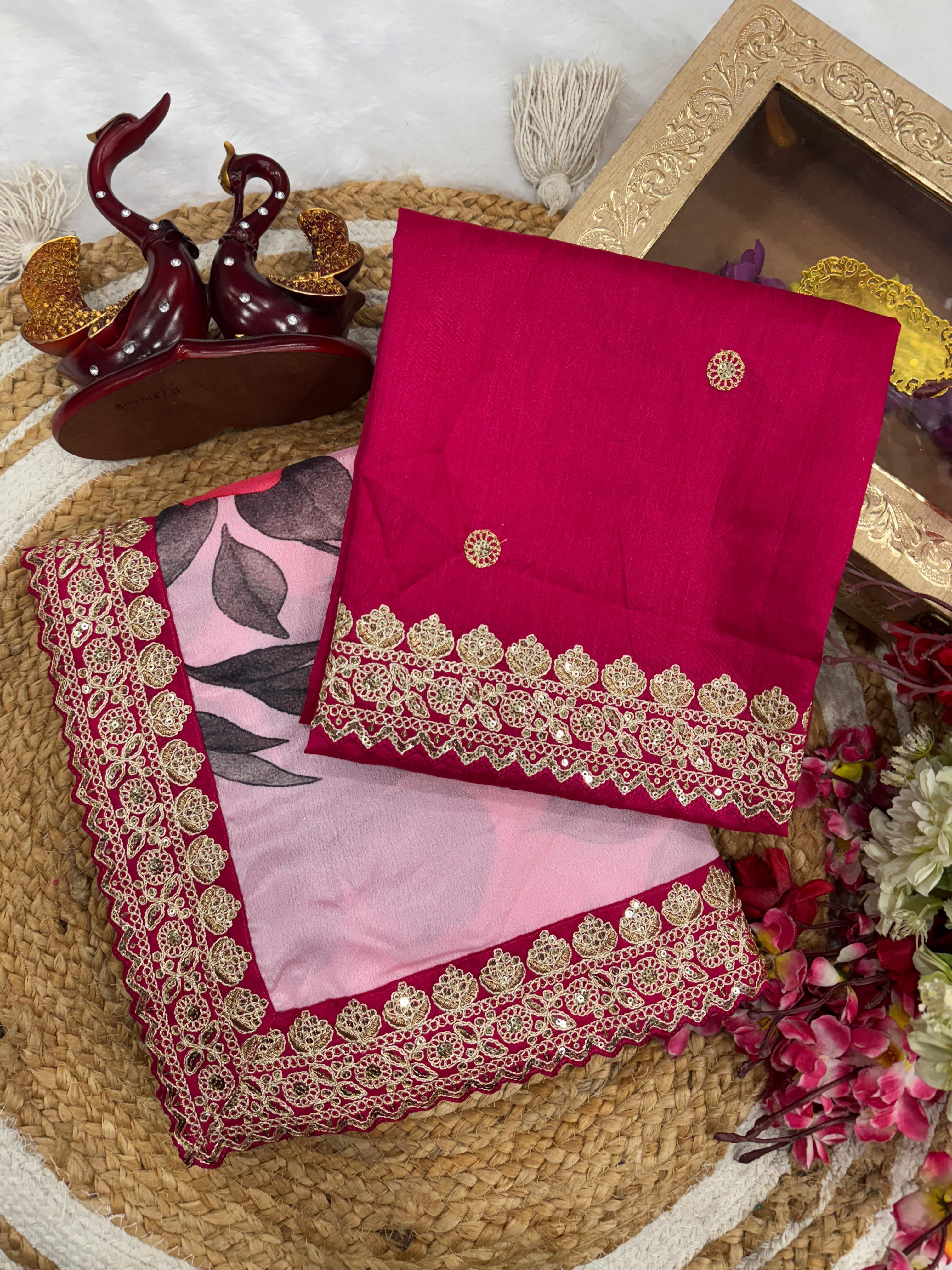 Gorgeous Pink Color Flower Printed Silk Saree