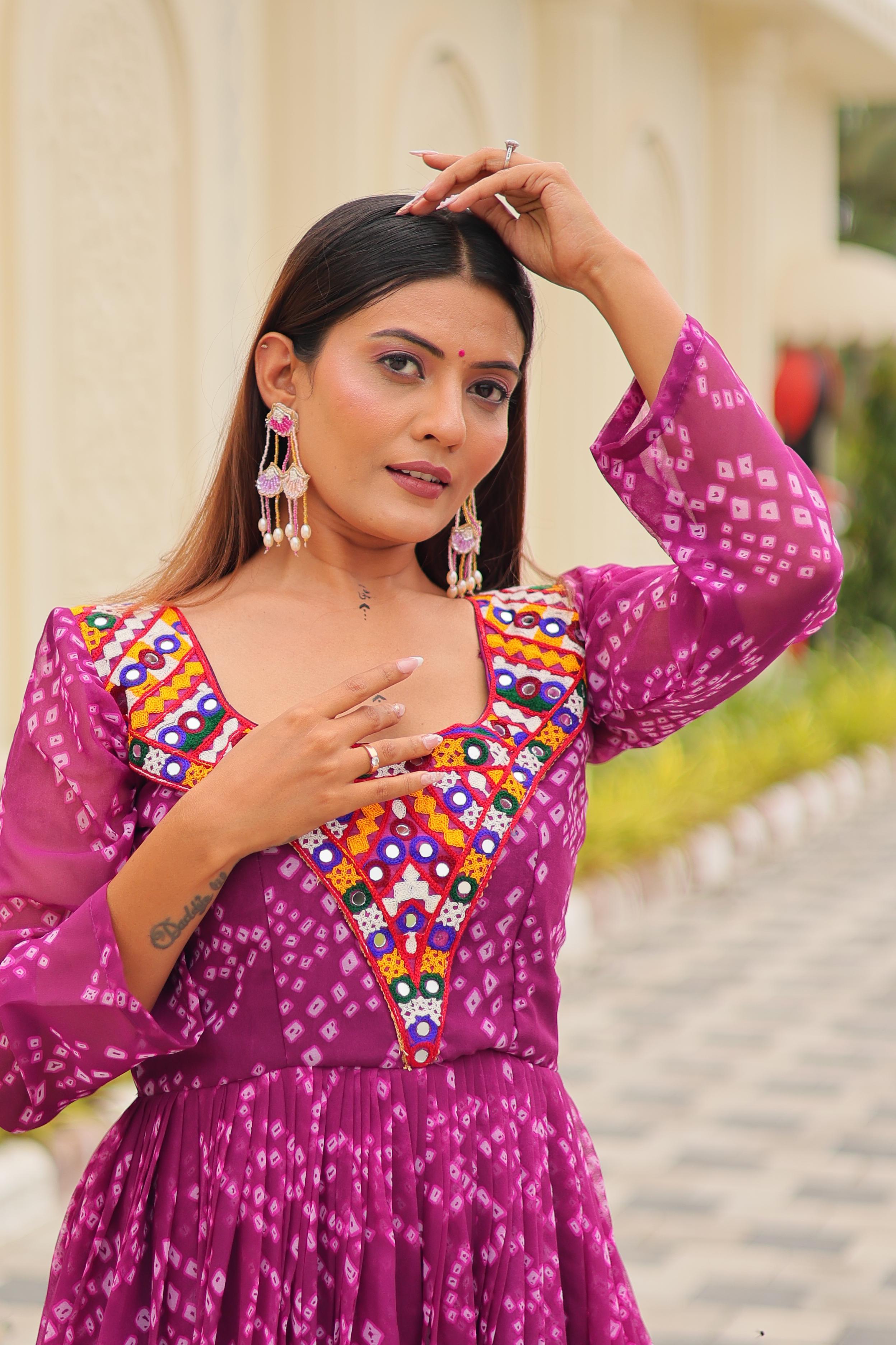 Lovely Purple Georgette Gamthi Work Gown For Navratri
