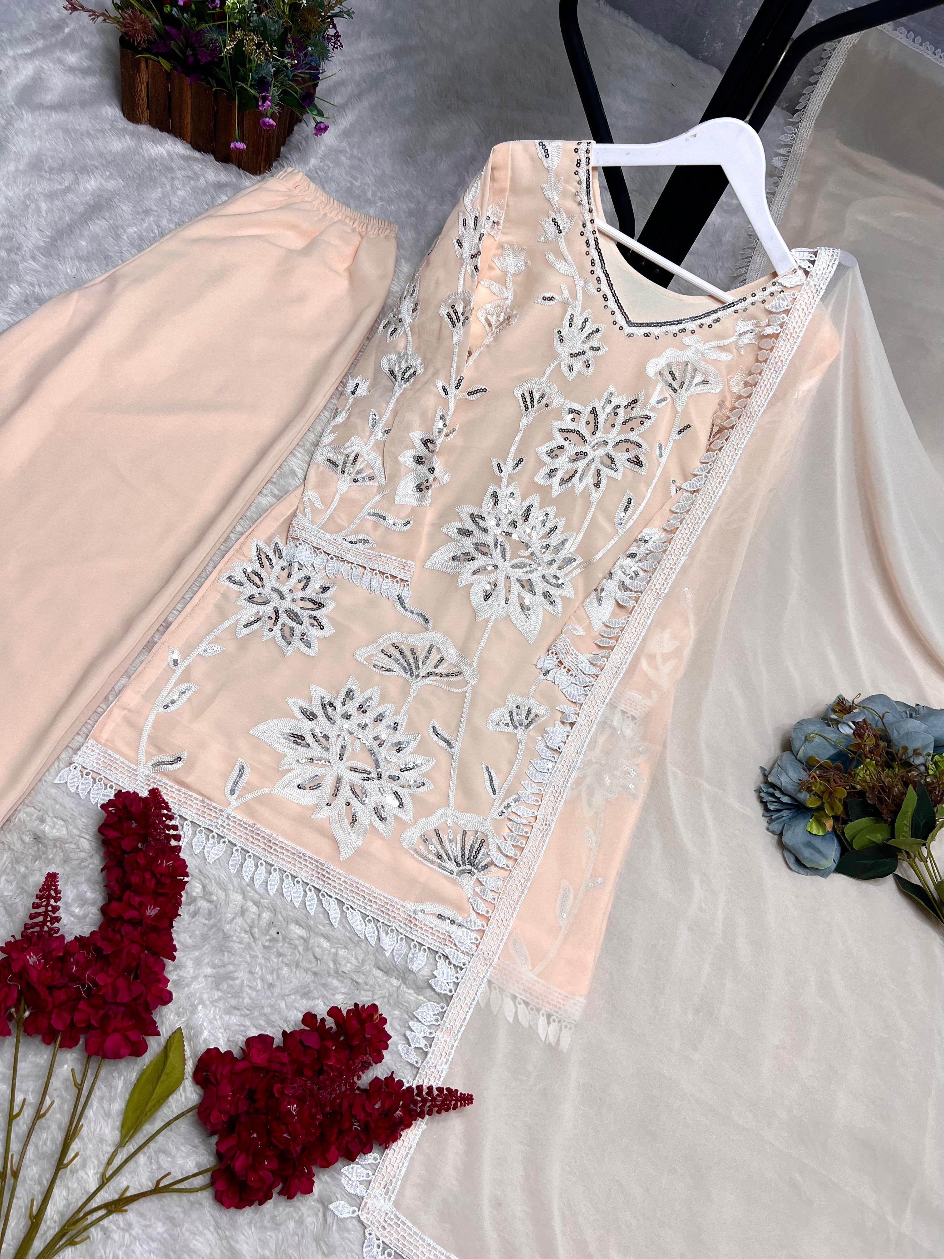 Trendy Sky Blue Georgette Embroidery Palazzo Suit