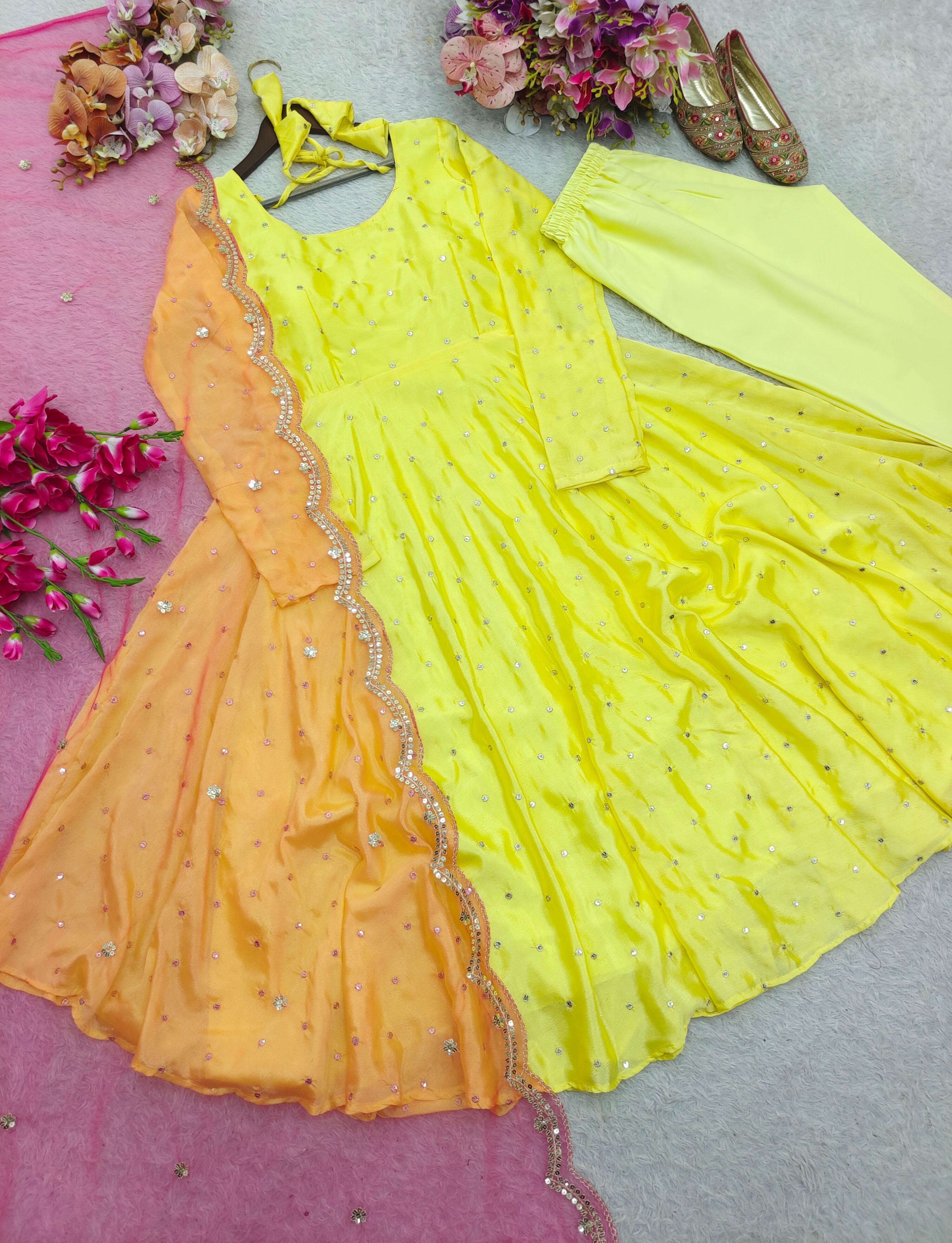 Marvelous Lemon Color Chinon Silk Work Gown