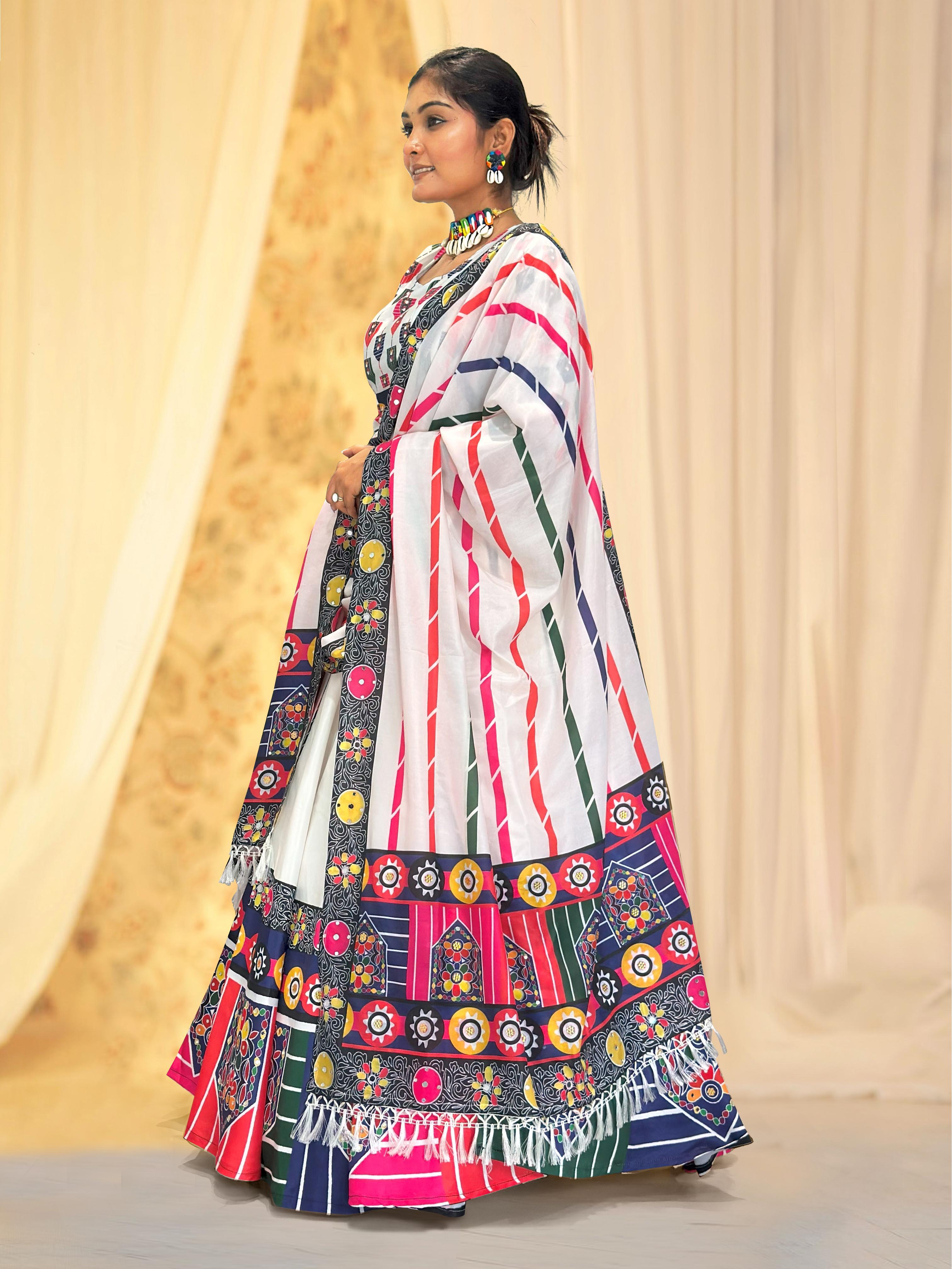Lovely White Satin Digital Print Lehenga Choli