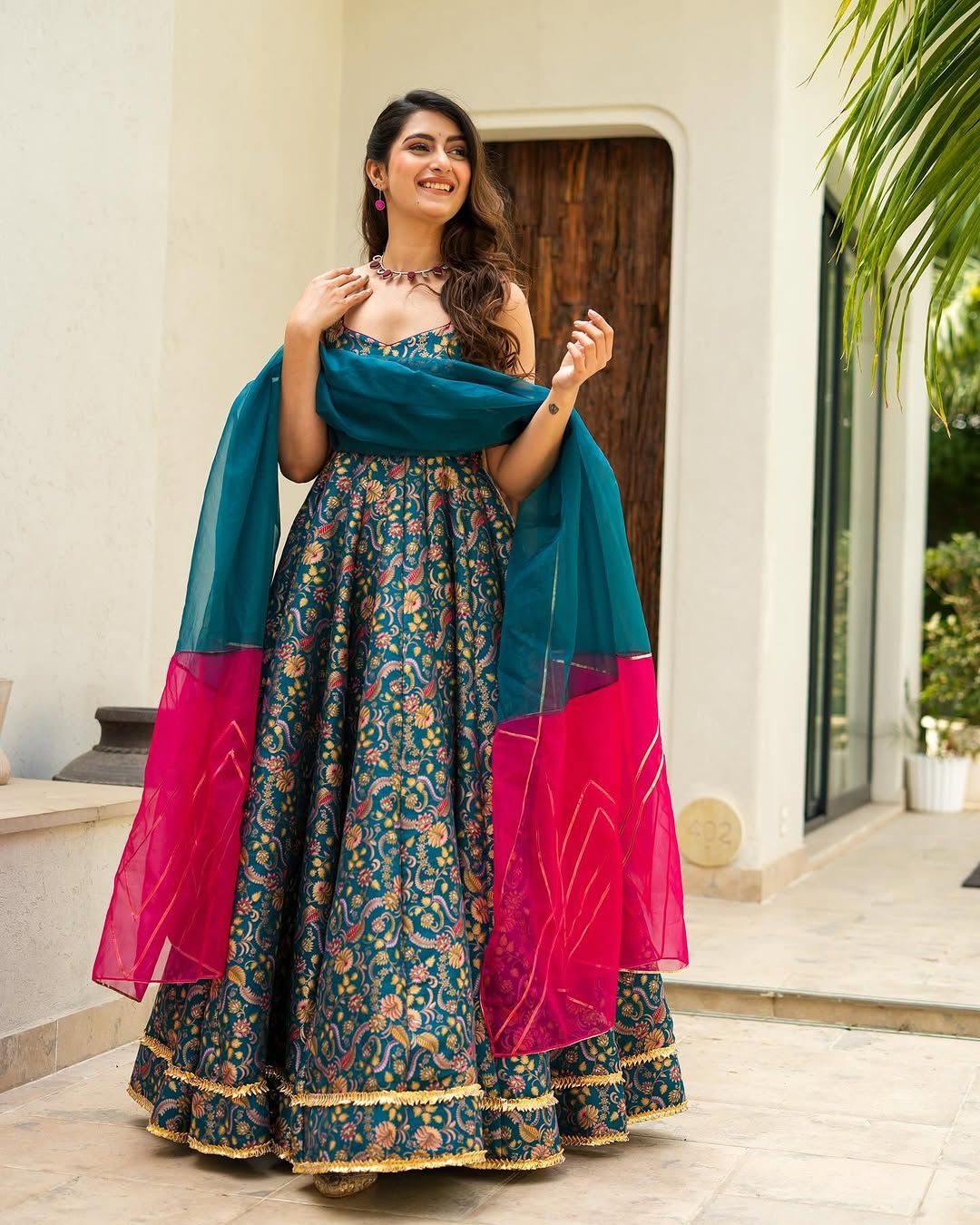 Gorgeous Teal Blue Organza Digital Printed Gown