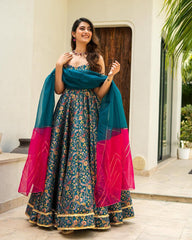 Gorgeous Teal Blue Organza Digital Printed Gown