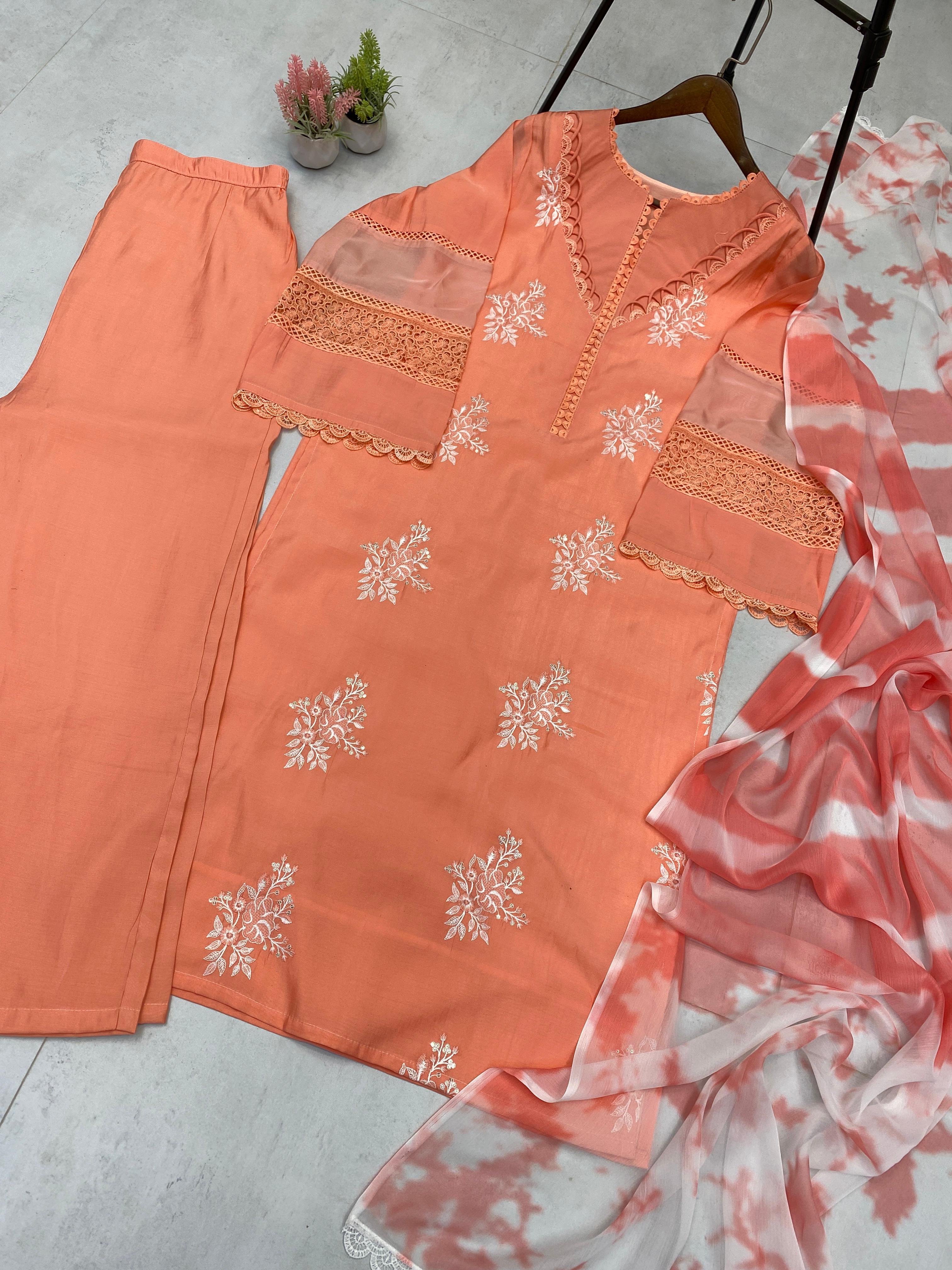 Marvelous Peach Color Embroidery Work Straight Salwar Suit