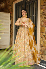 Lovely Peach Organza Digital Print Gown