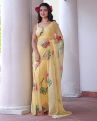 Party Wear Yellow Floral Printed Silk Saree