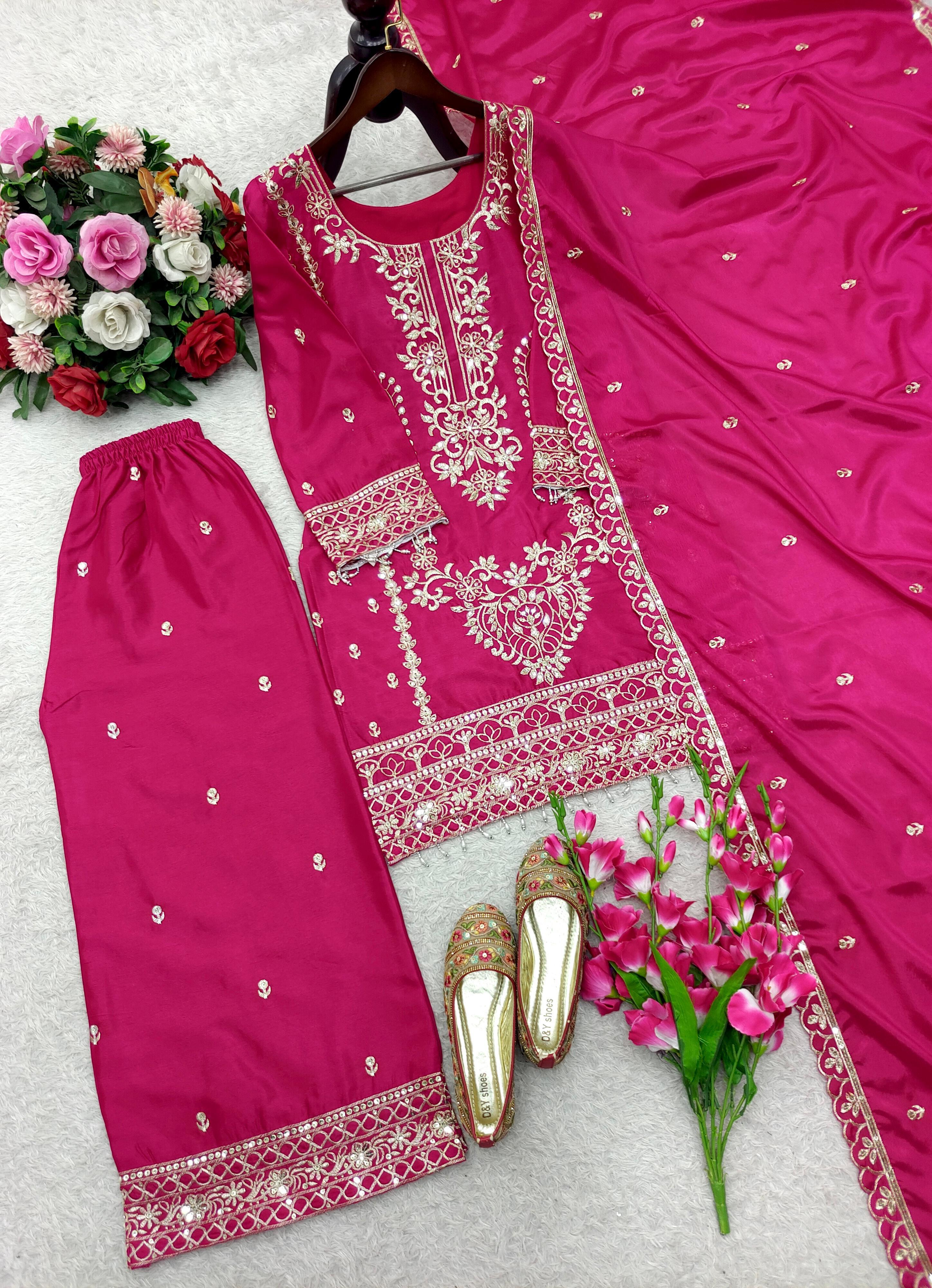 Ravishing Pink Chinon Silk Embroidery Work Palazzo Suit