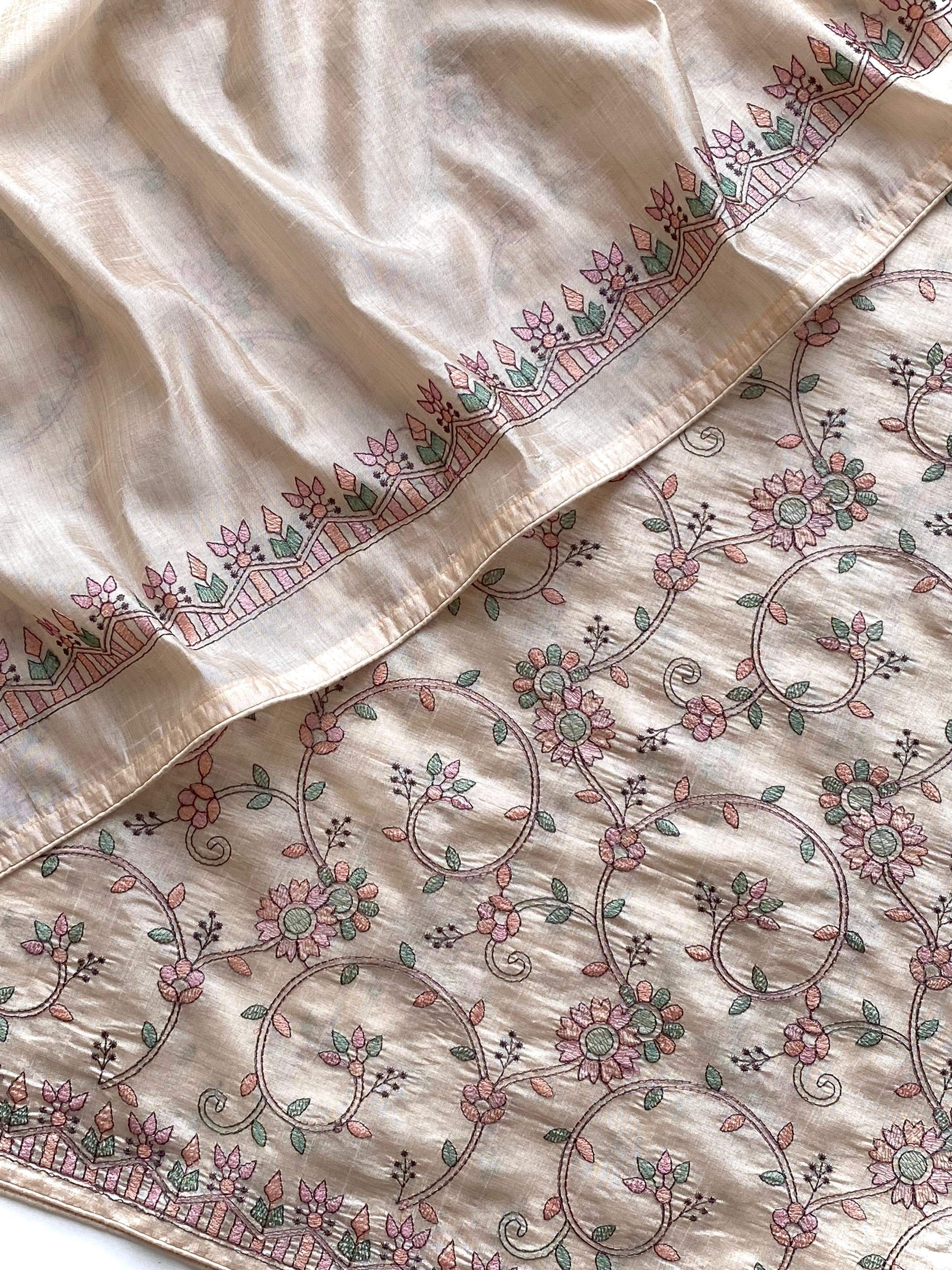 Trendy Beige Tussar Embroidery Saree