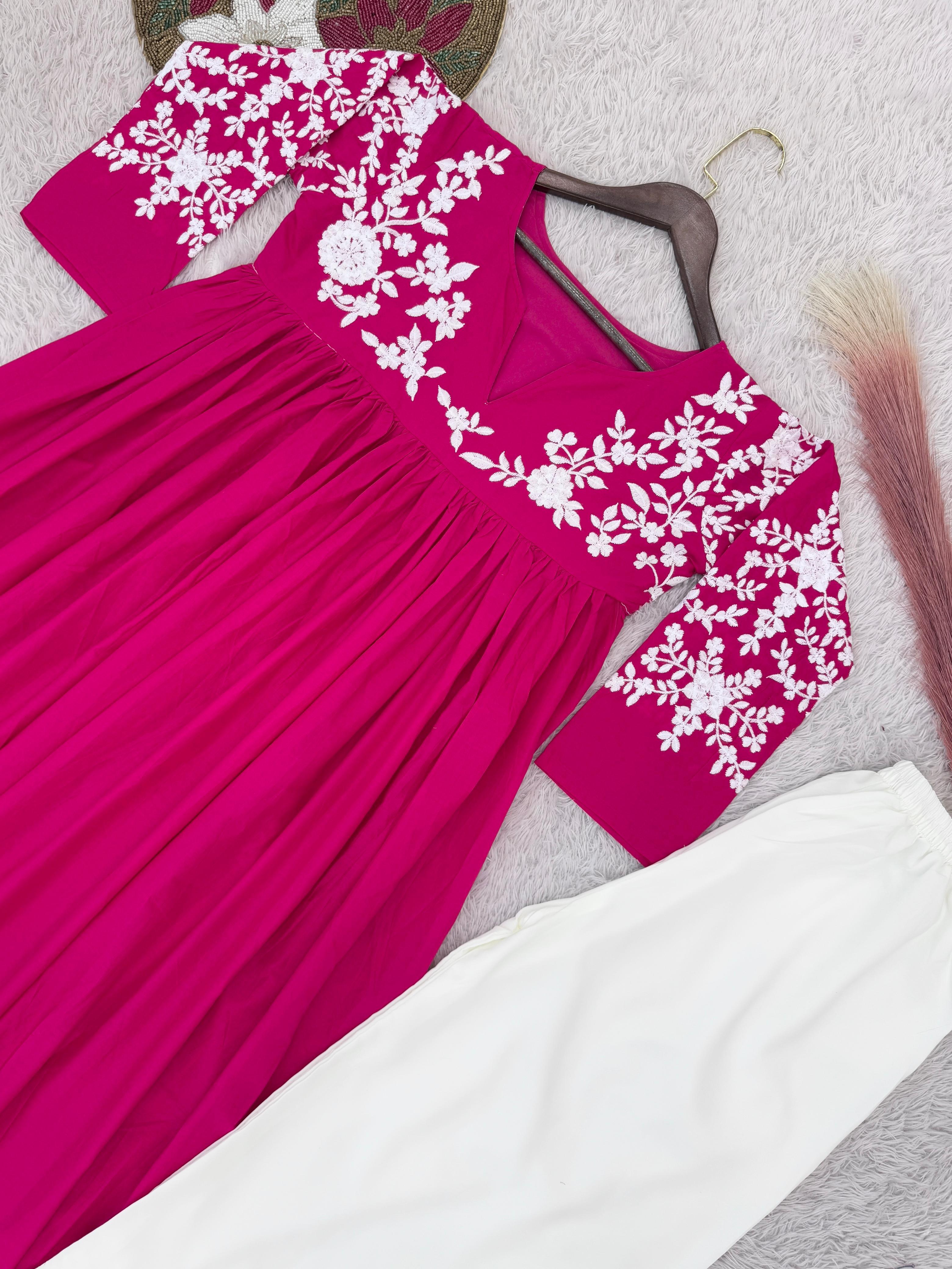Precious Pink Cotton Embroidery Work Palazzo Suit