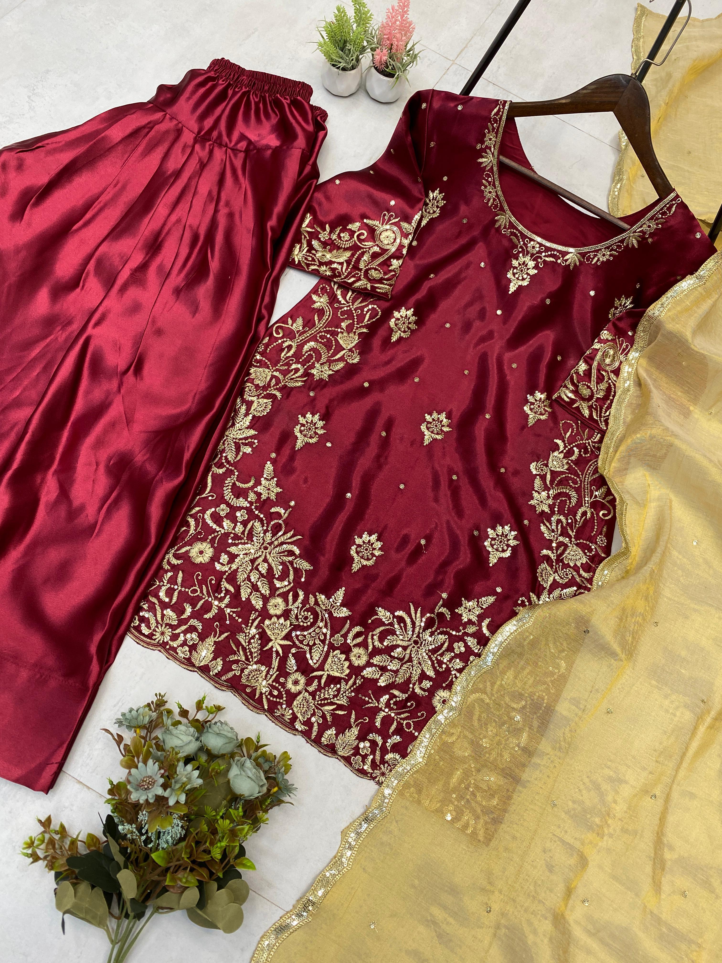 Trendy Maroon Satin Sequence Work Salwar Suit