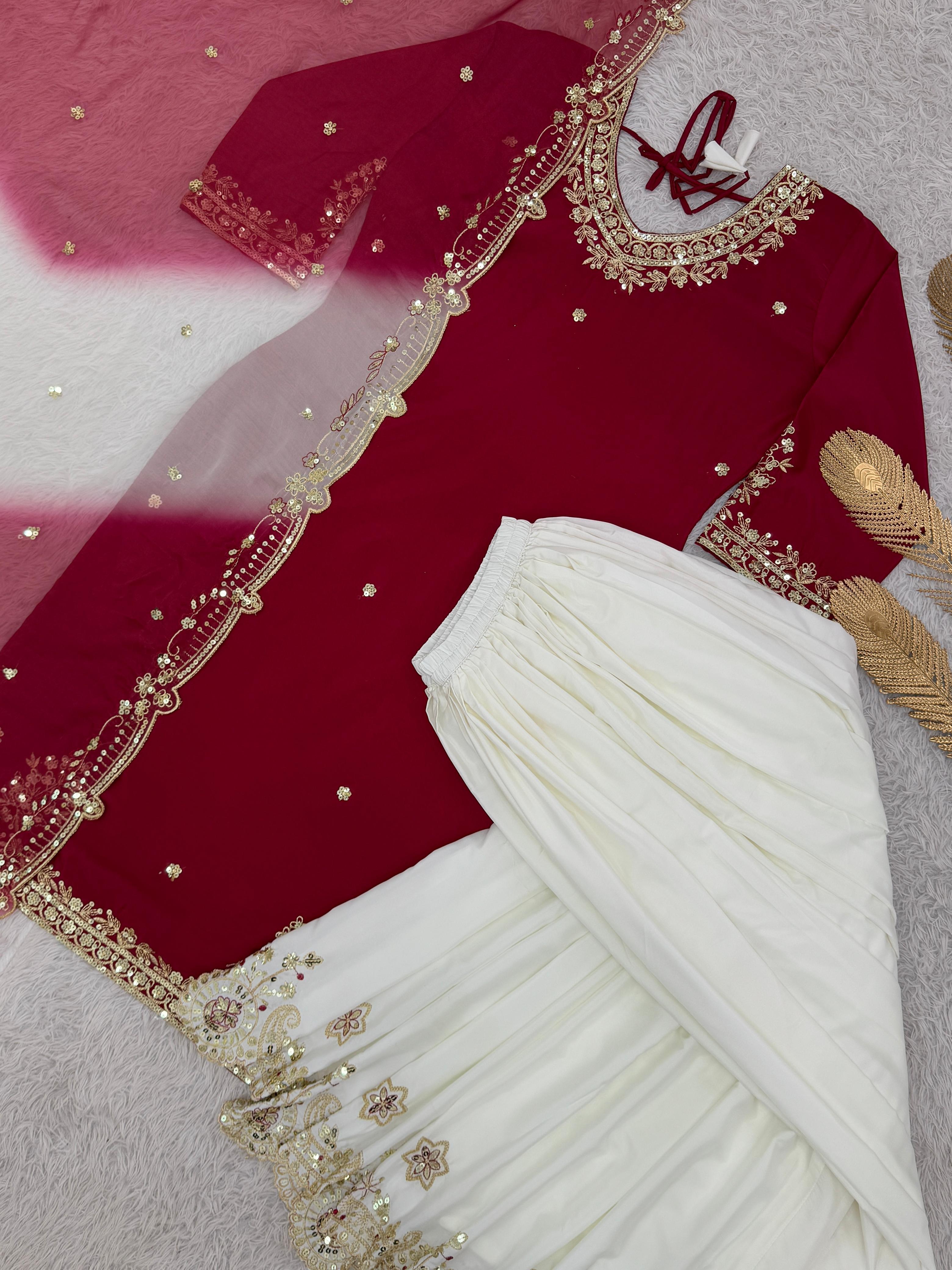 Trendy Red Crepe Sequence Work Sharara Suit