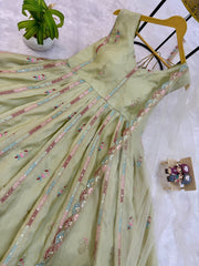 Stylish Pista Simmer Embroidery Work Gown