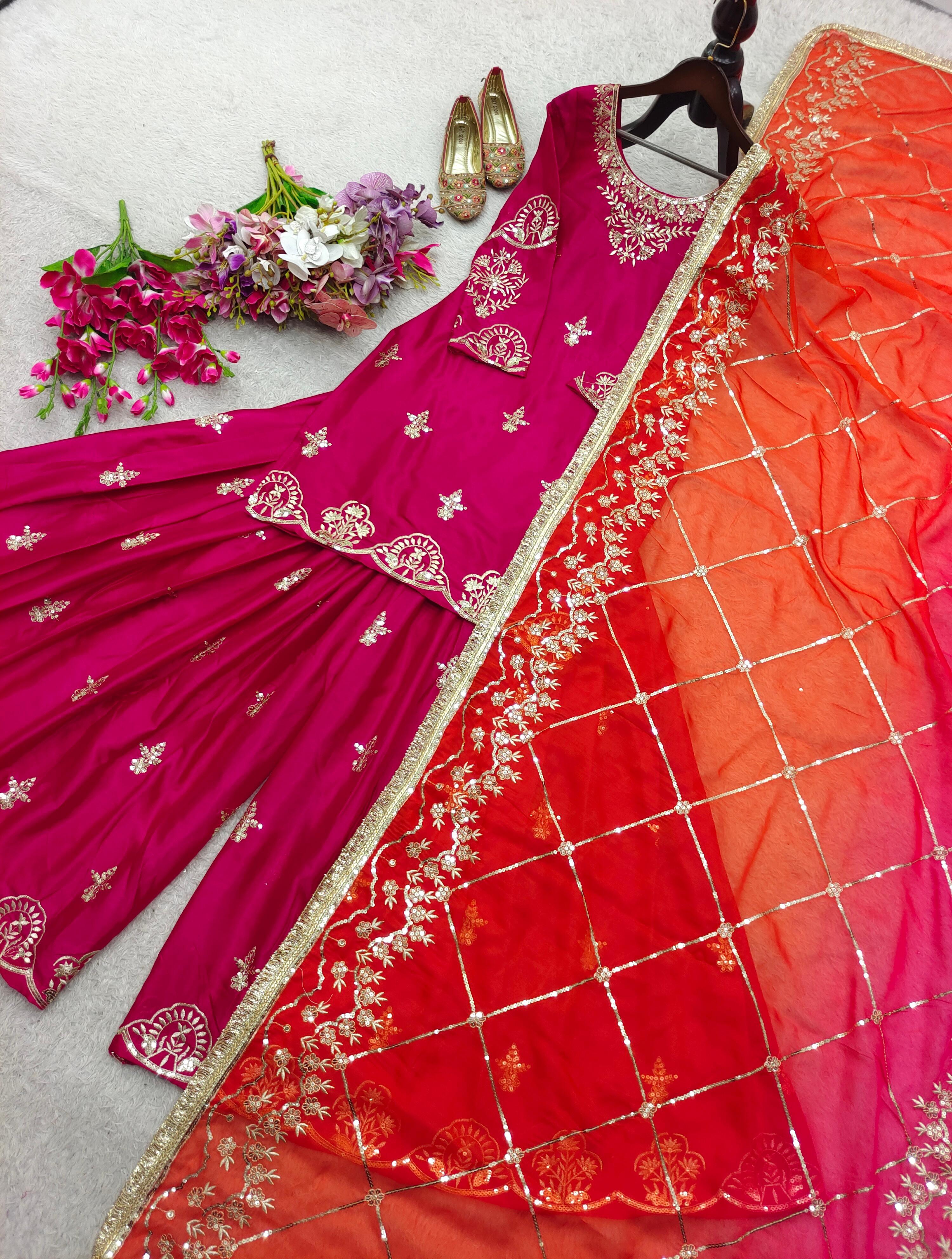Lovely Pink Cinon Silk Sequence Work Sharara Suit