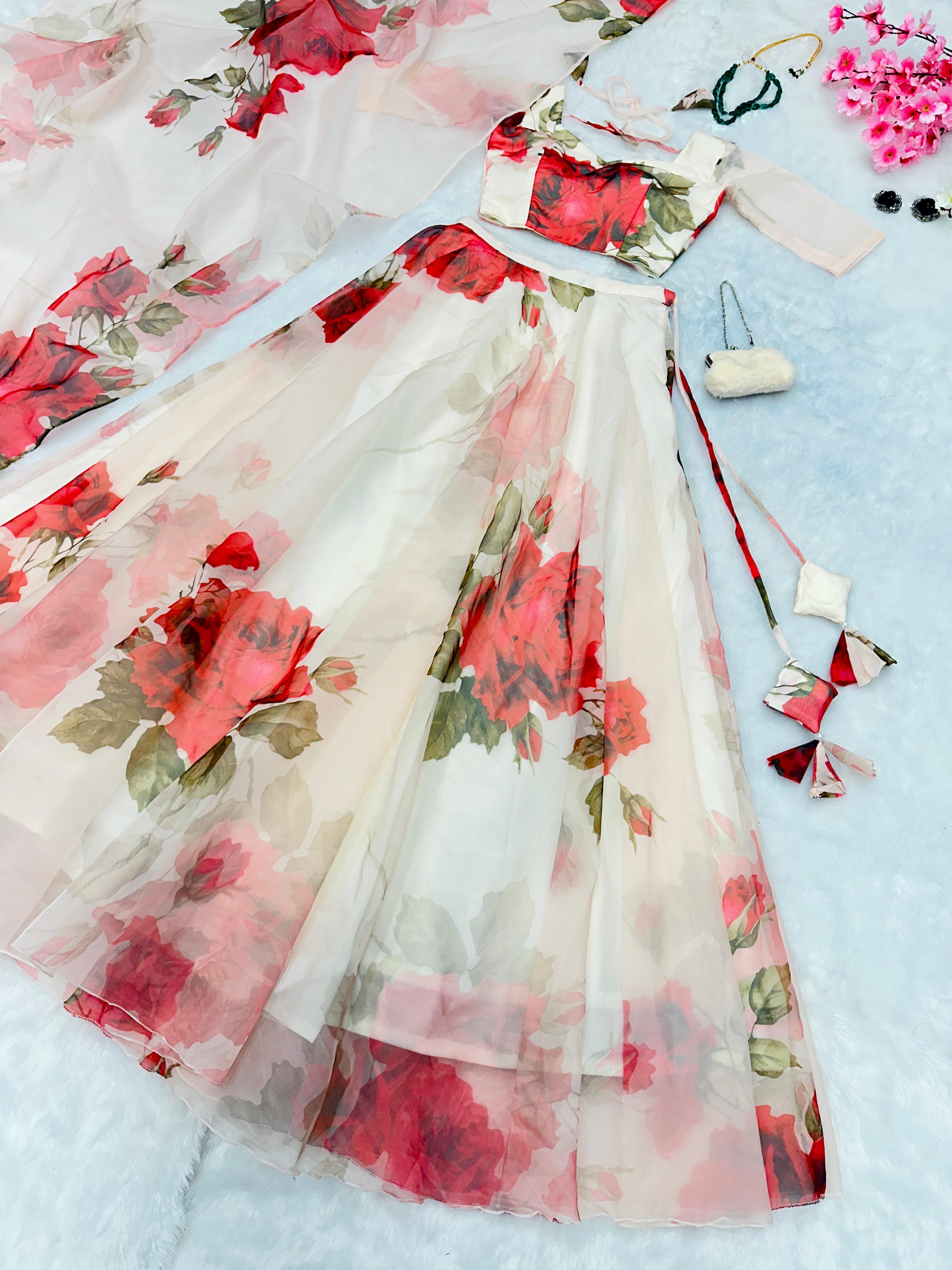 Ravishing White Color Organza Floral Printed Lehenga Choli