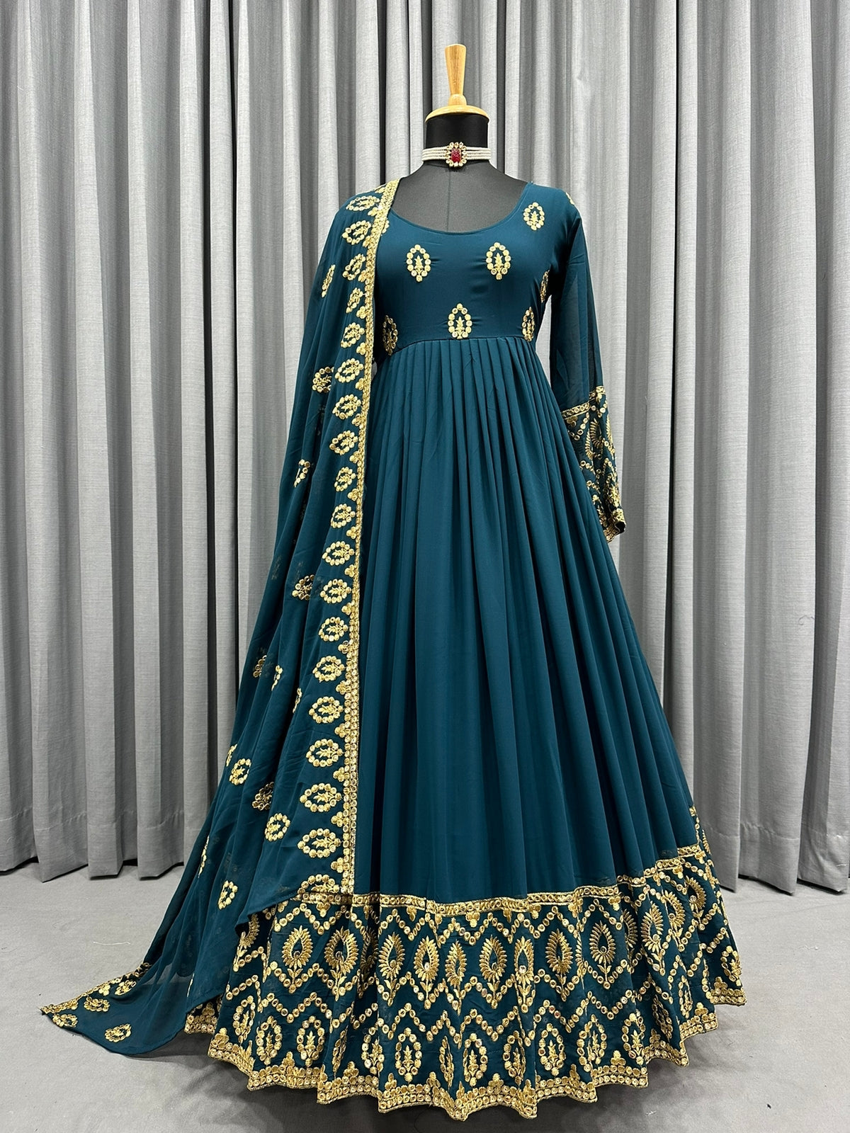 Gorgeous Teal Blue Color Sequence Embroidery Work Gown
