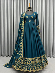 Gorgeous Teal Blue Color Sequence Embroidery Work Gown