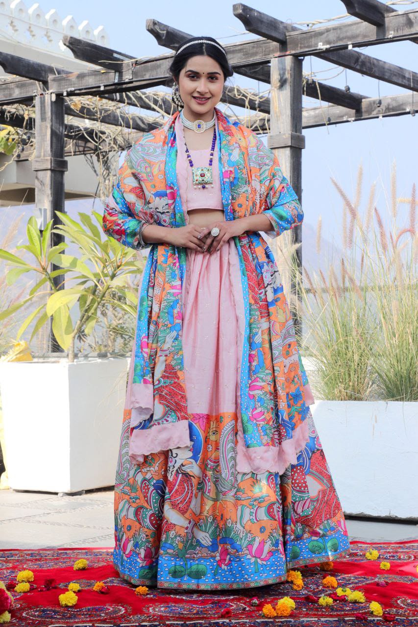Preferable Digital Print Peach Color Lehenga Choli