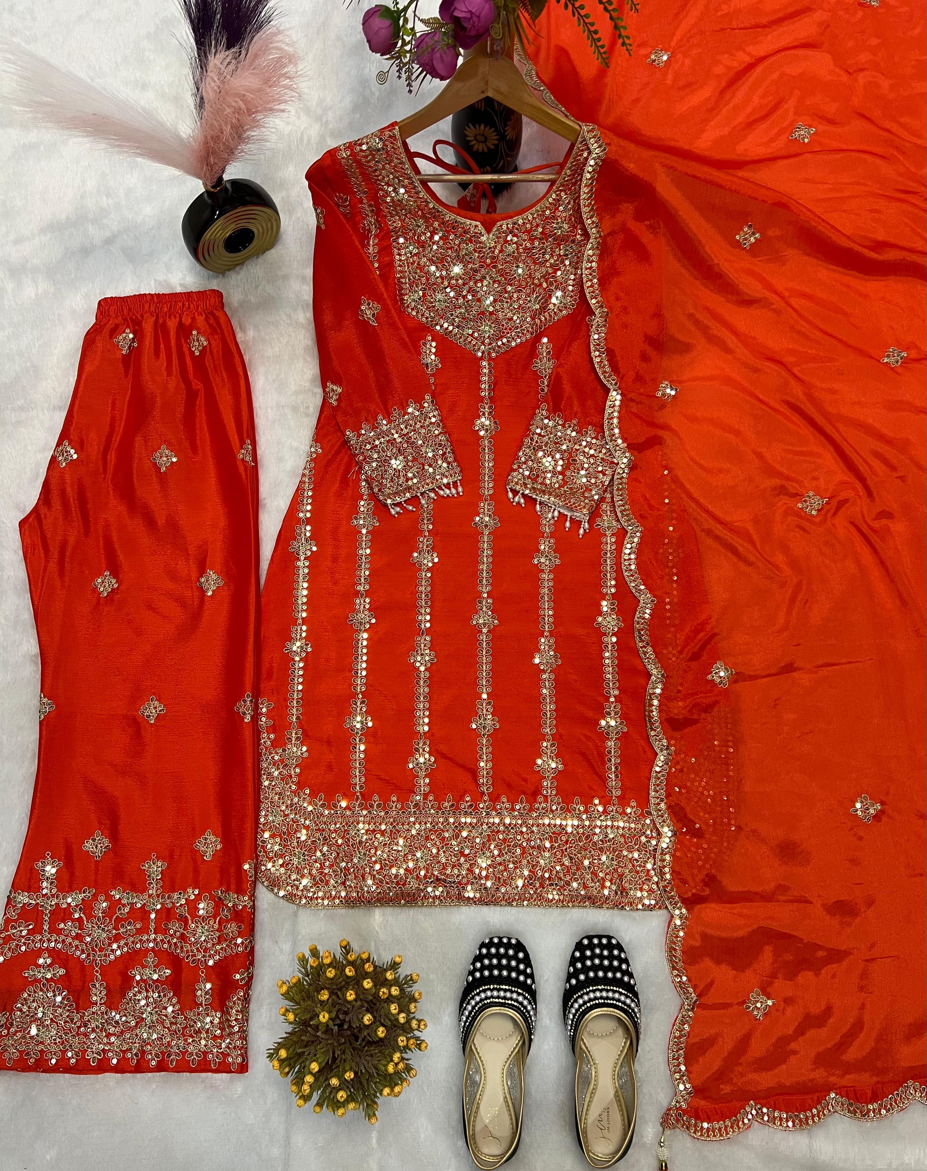 Gorgeous Red Chinon Silk Sequence Work Palazzo Suit
