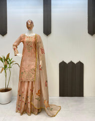 Stylish Peach Chinon Sequence Work Lehenga Choli With Top
