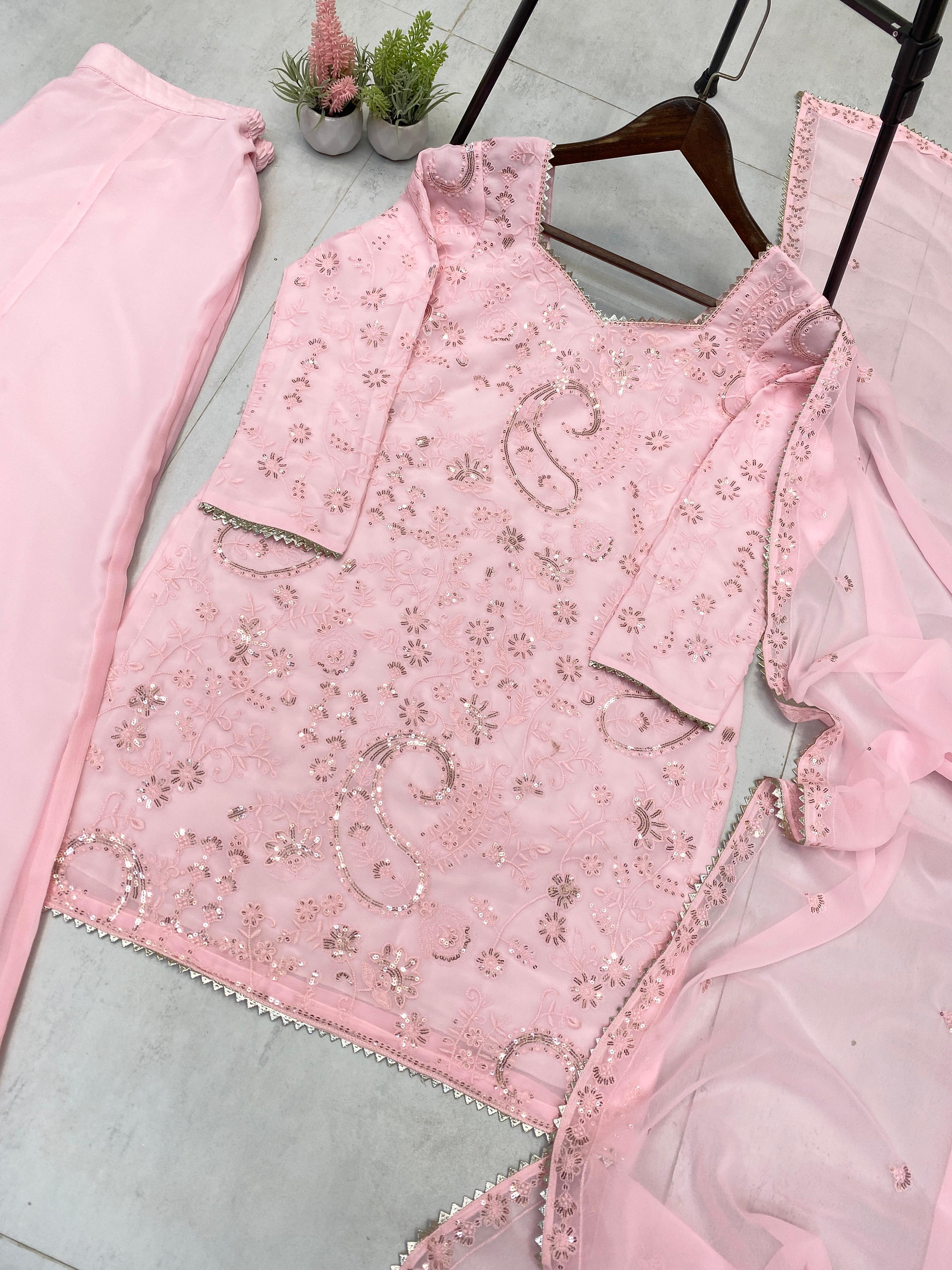 Trendy Pink Georgette Sequence Work Sharara Suit