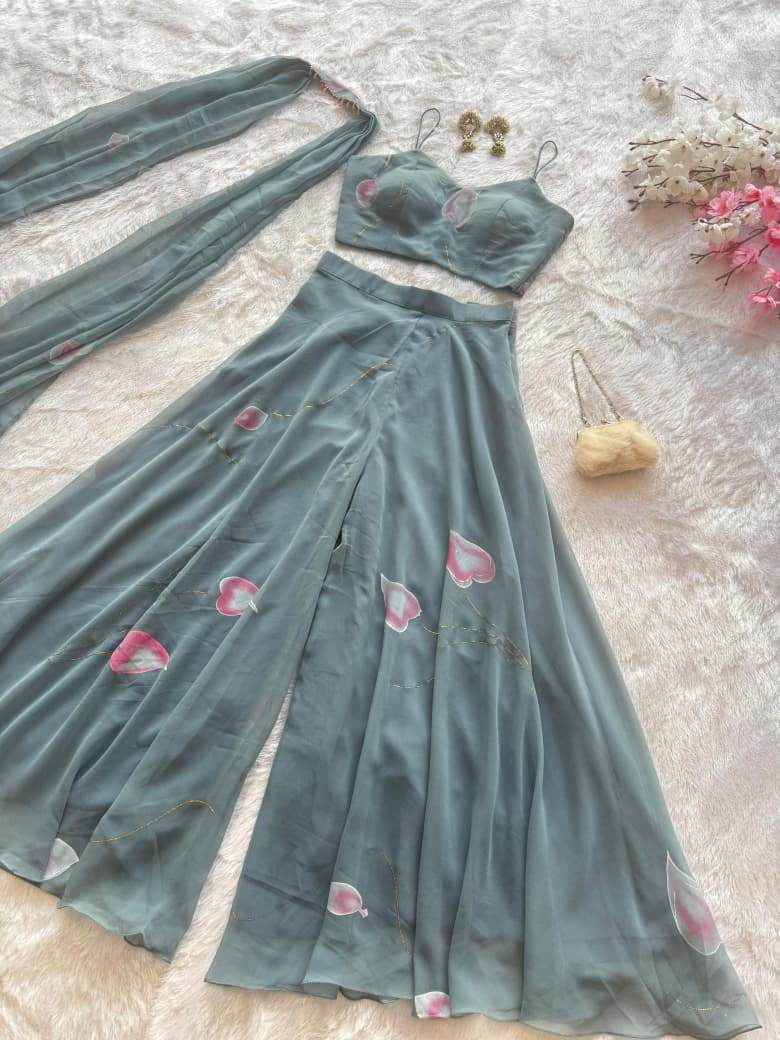 Pretty Sky Blue Georgette Hand Painted Palazzo Suit