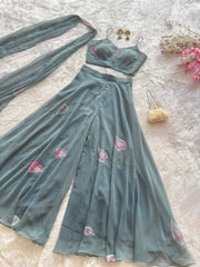 Pretty Sky Blue Georgette Hand Painted Palazzo Suit
