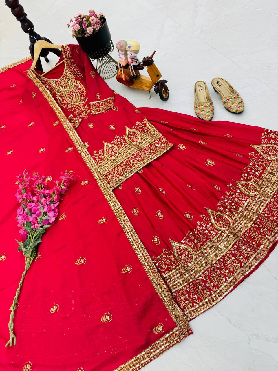 Pretty Mustard Chinon Silk Embroidery Sequence Work Top With Lehenga