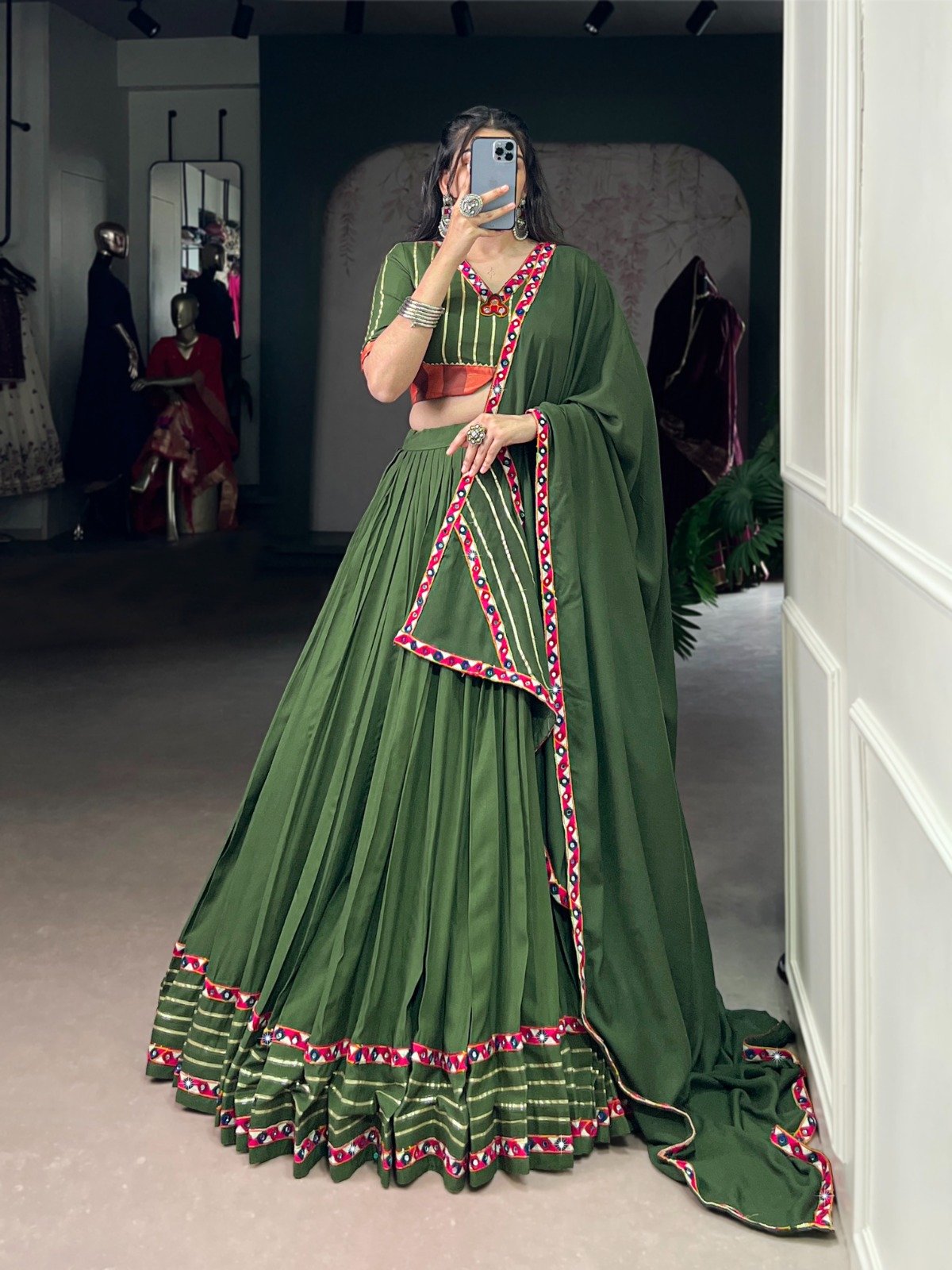 Navratri Lehenga Pink Rayon Mirror Work Lehenga Choli