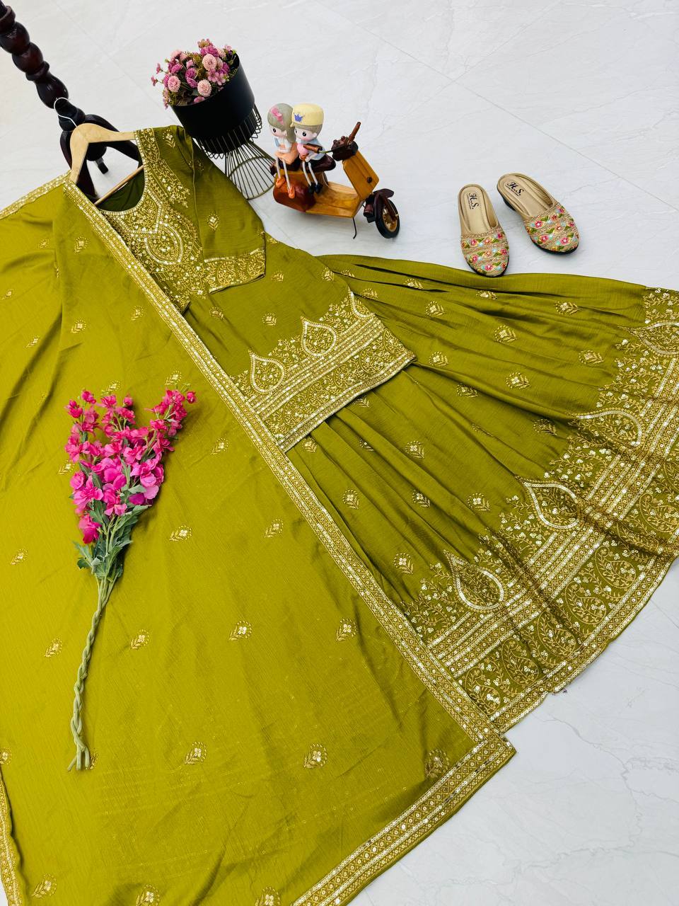 Pretty Mustard Chinon Silk Embroidery Sequence Work Top With Lehenga