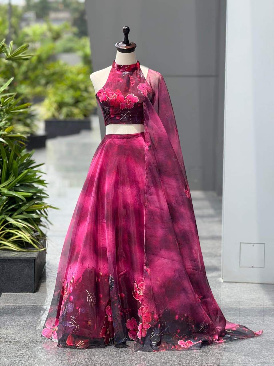 Lovely Pink Color Flower Printed Organza Lehenga Set