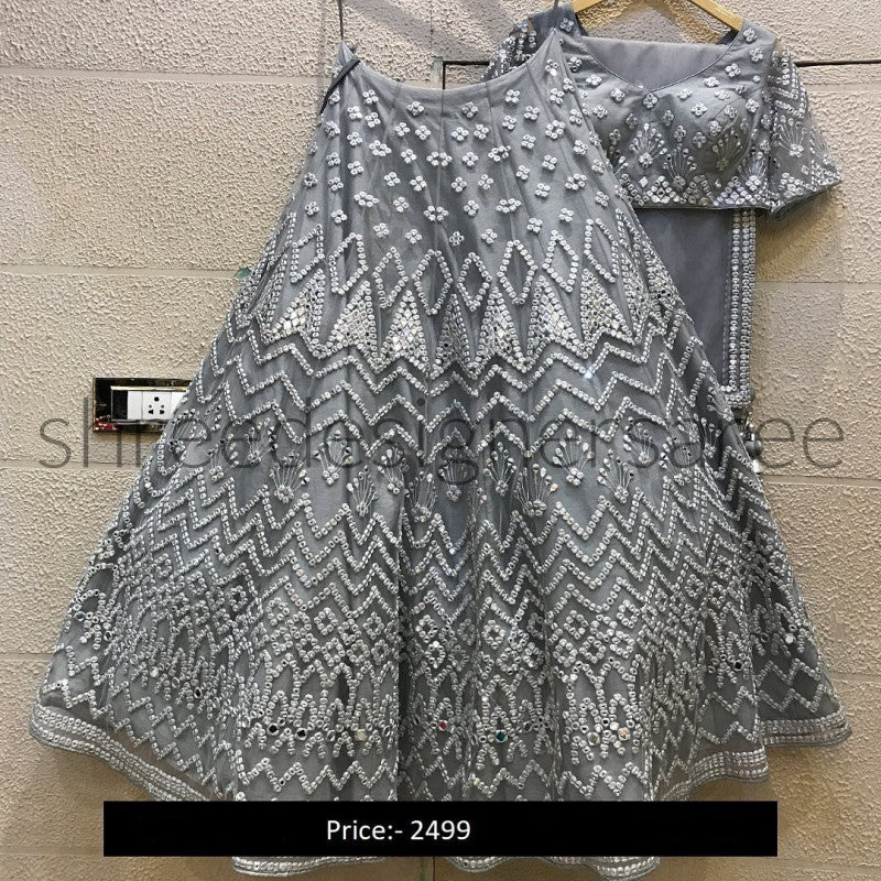 Shining Grey Color Embroidery Work Silk Lehenga Choli