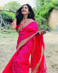 Pink Color Embroidery Work Banarasi Silk Saree