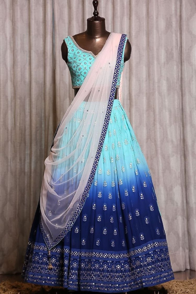 Presenting Double-tone Blue Color Shade Embroidered Sequence Lehenga Choli