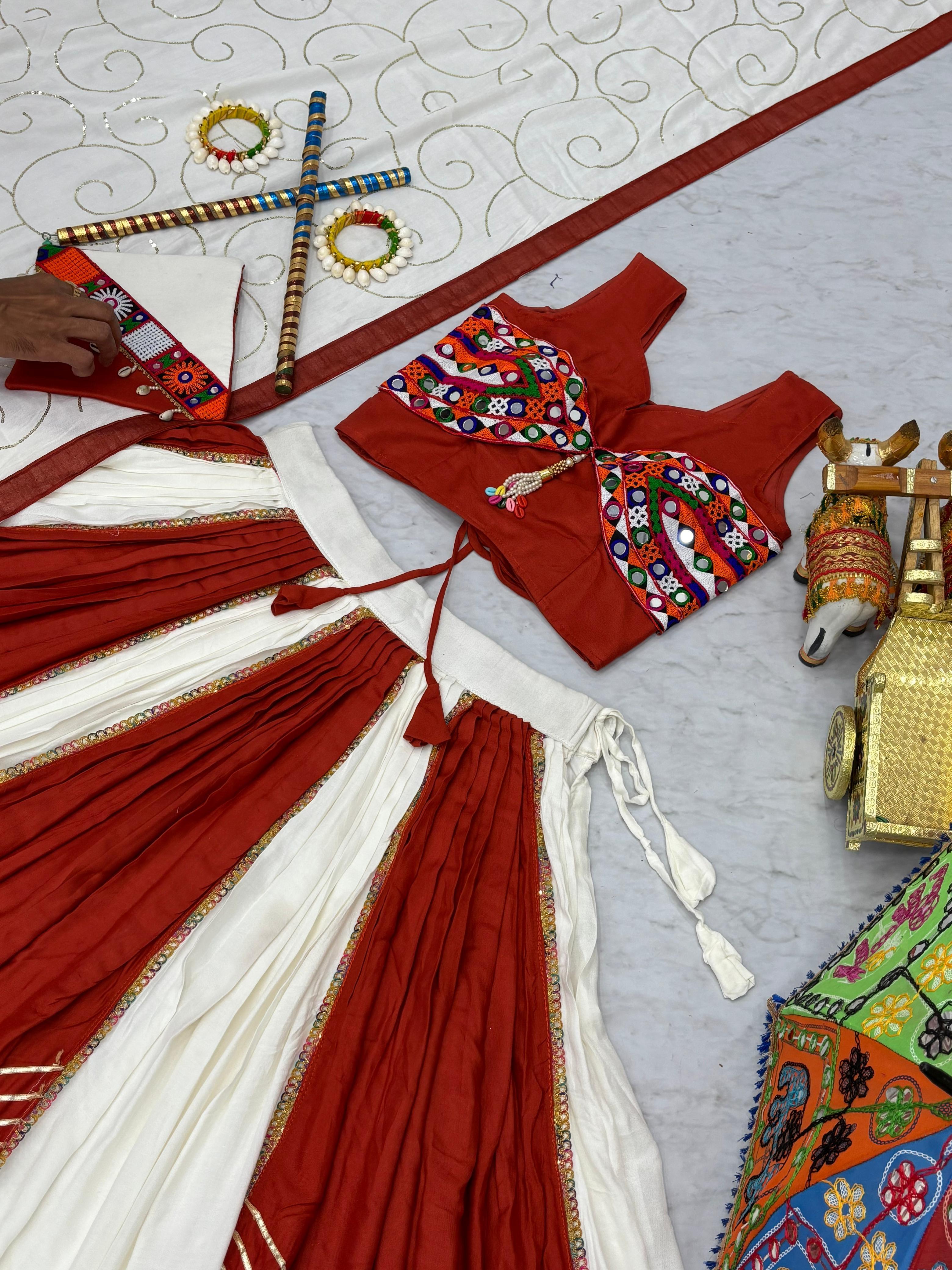 Trendy Red Cotton Gamthi Work Lehenga Choli For Navratri