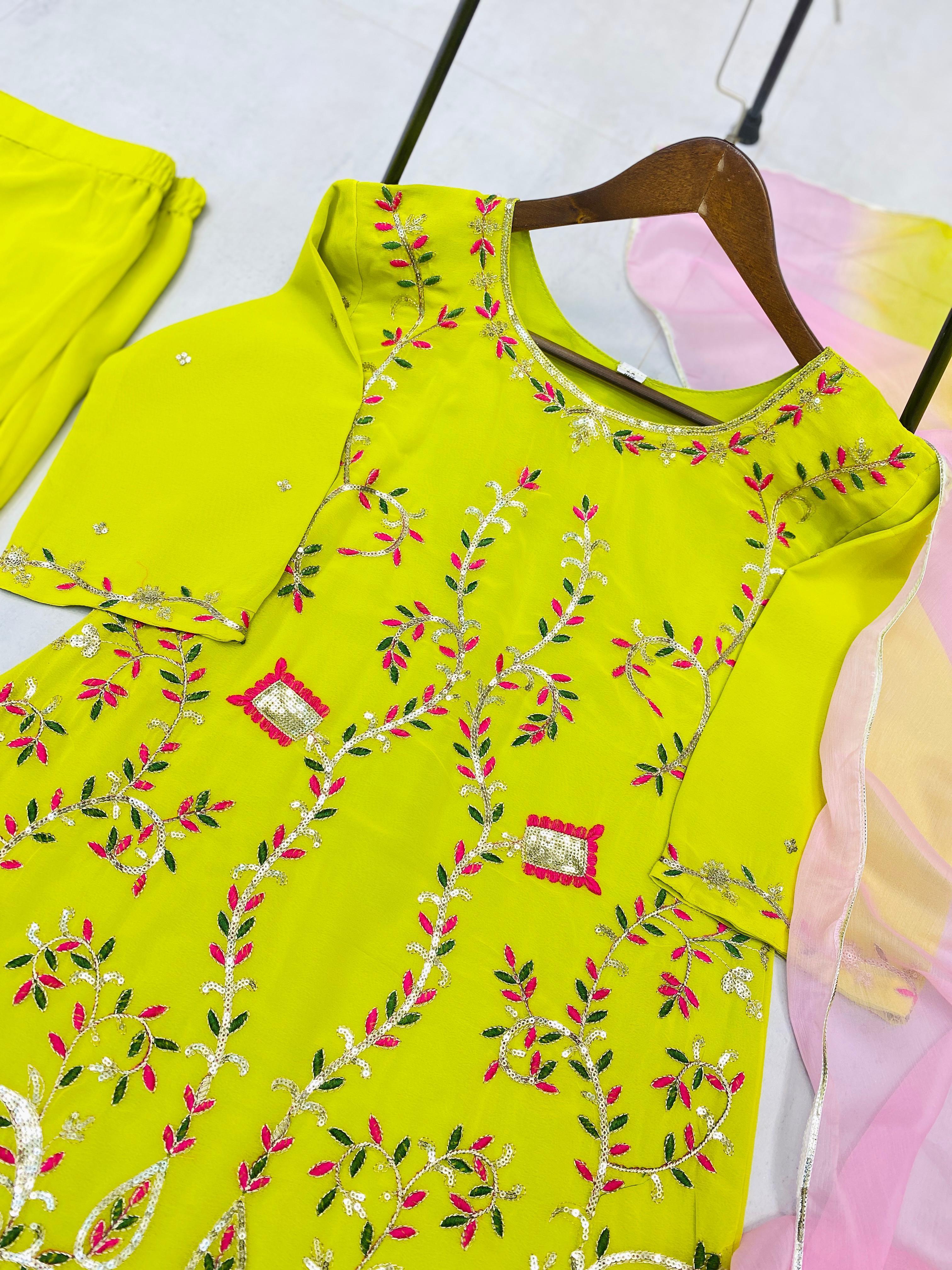 Graceful Lemon Color Sequence Work Georgette Sharara Suit