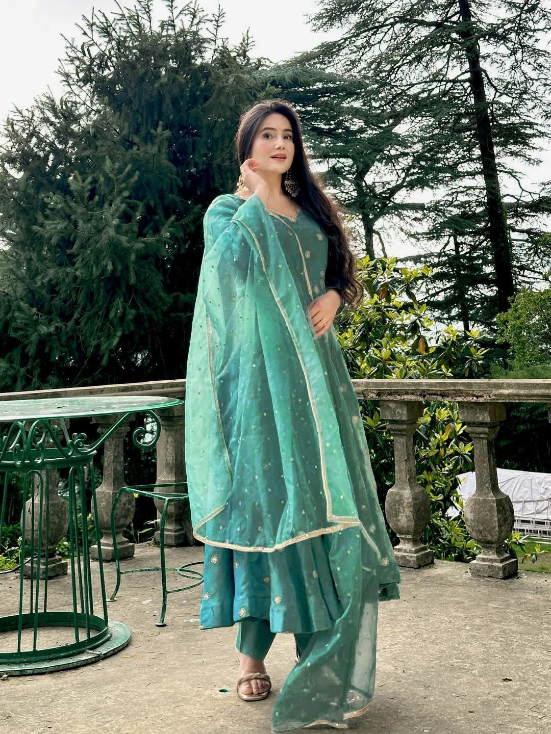 Fancy Green Simmer Silk Embroidery Anarkali Suit