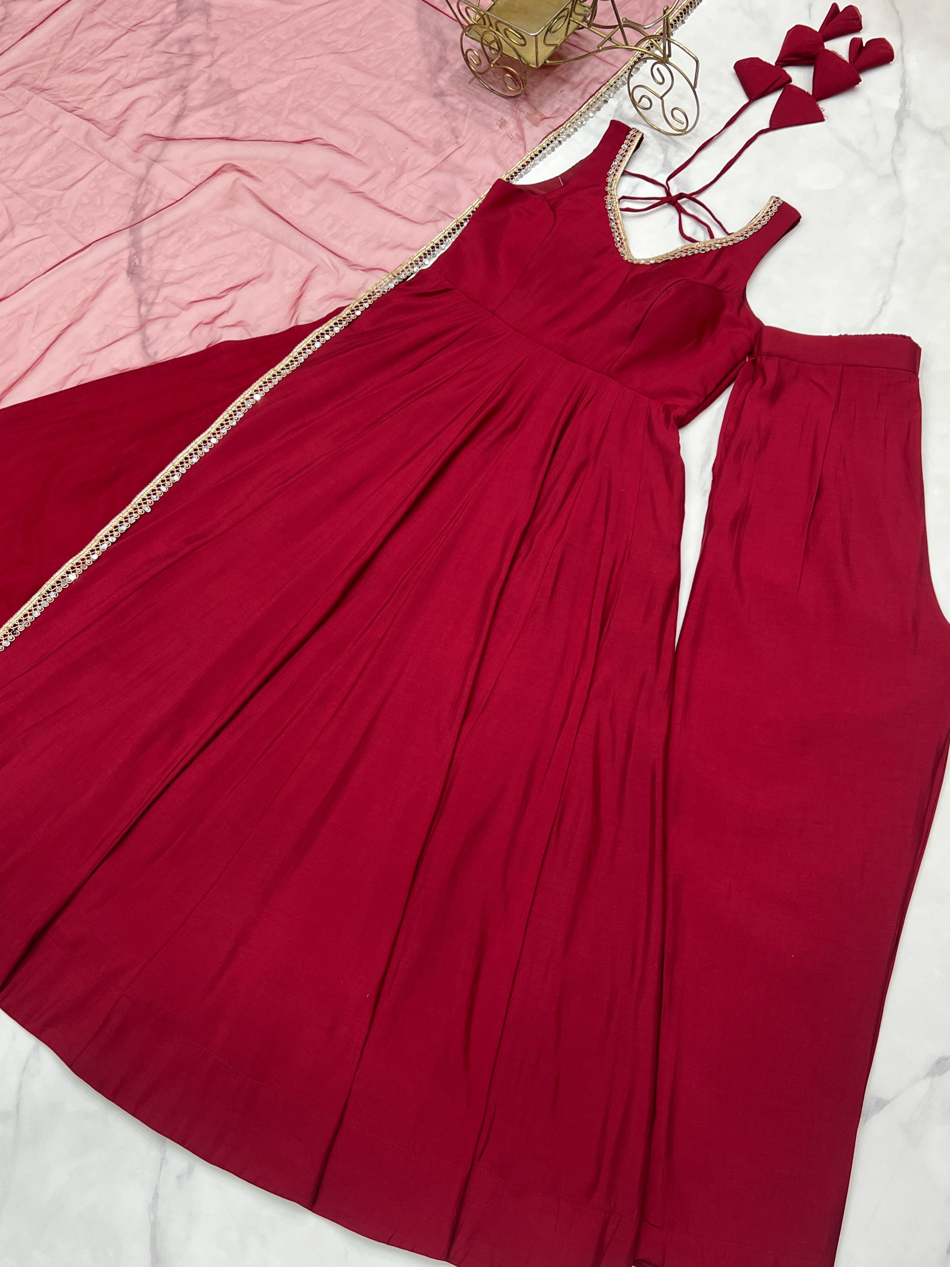 Trendy Maroon Roman Silk Anarkali Work Gown