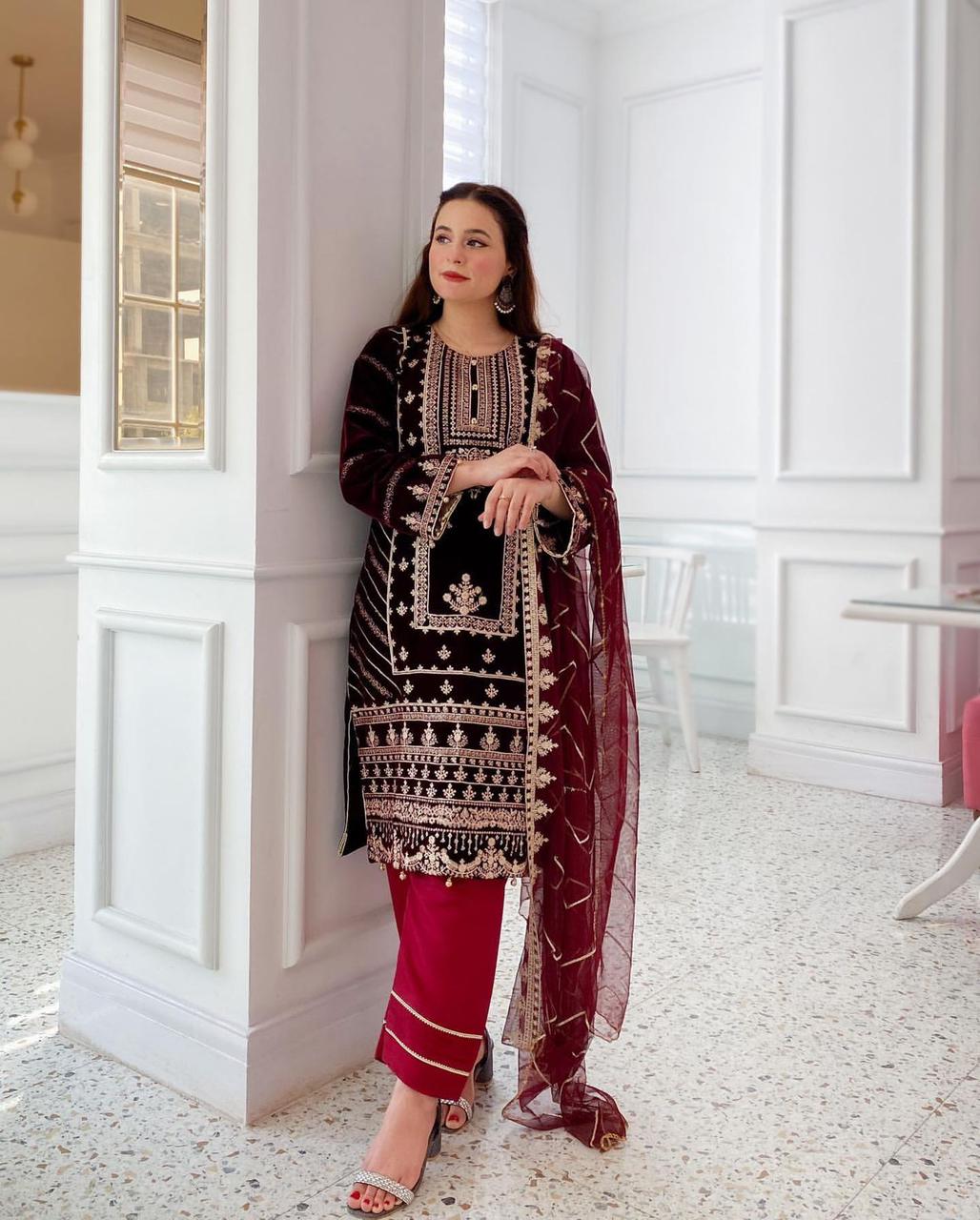 Maroon Color Sequence Embroidered Work Designer Velvet Salwar Suit