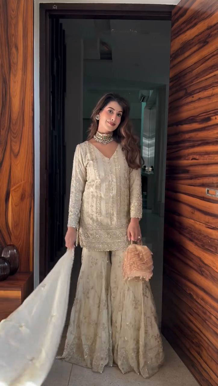 Graceful Cream Georgette Sequence Work Sharara Suit