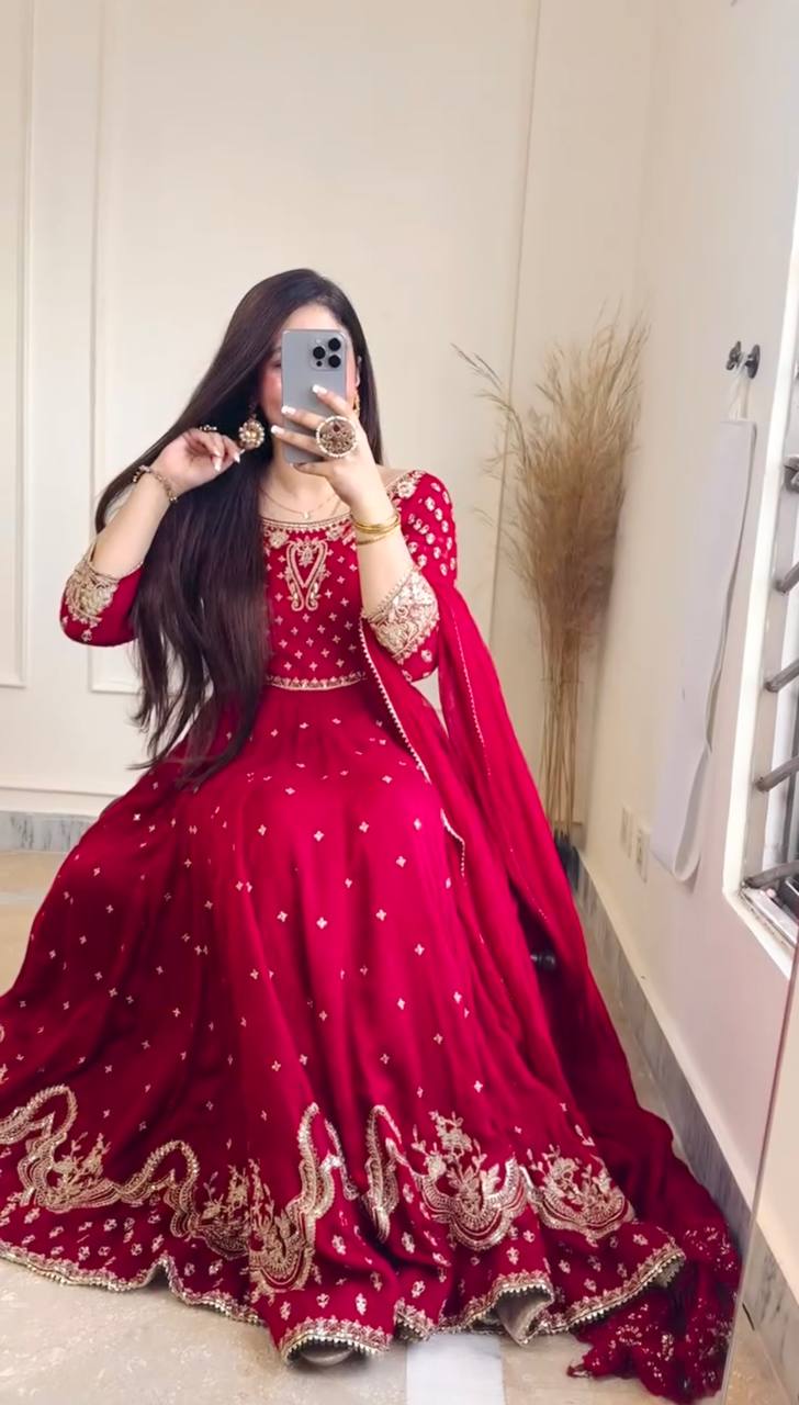 Buy Designer Embroidery Sequence Work Red color Gown