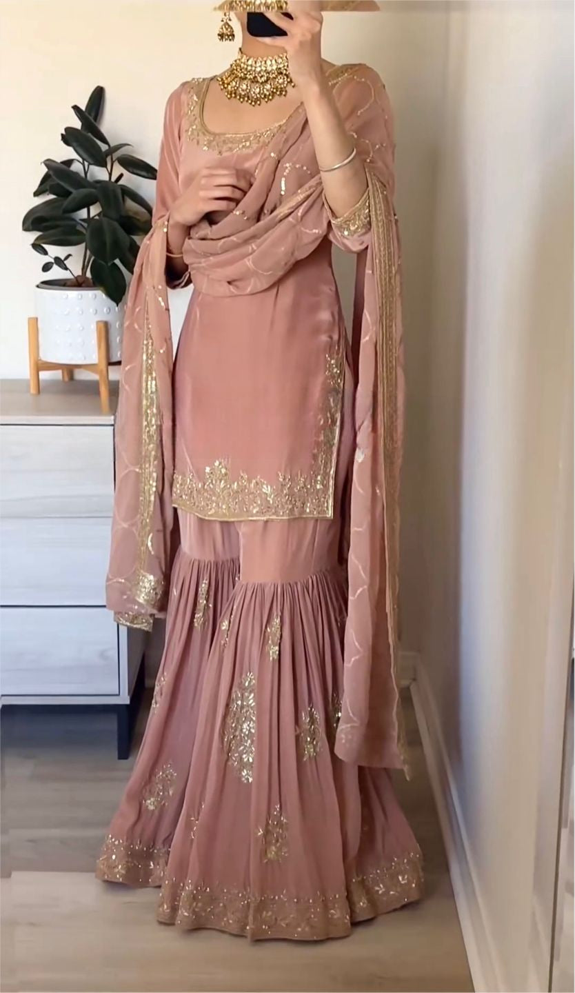 Captivating  Embroidery Sequence Work Peach Color Sharara Suit