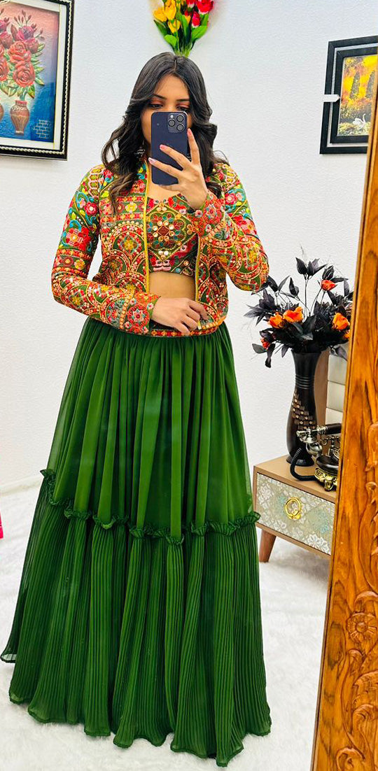 Delightful Green With Multi Color Lehenga Choli With Jacket
